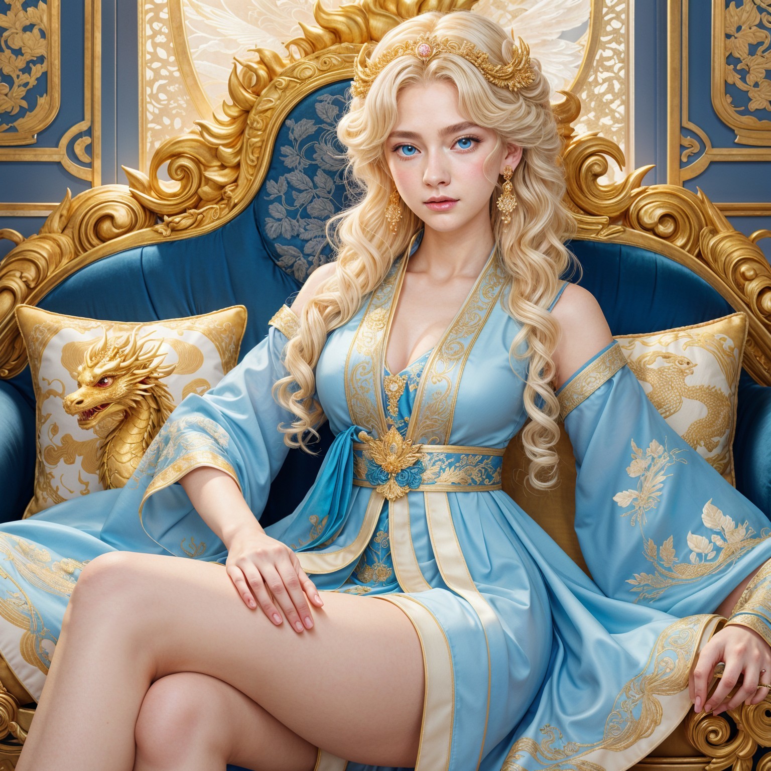 Regal Woman in Blue Gown on Ornate Throne