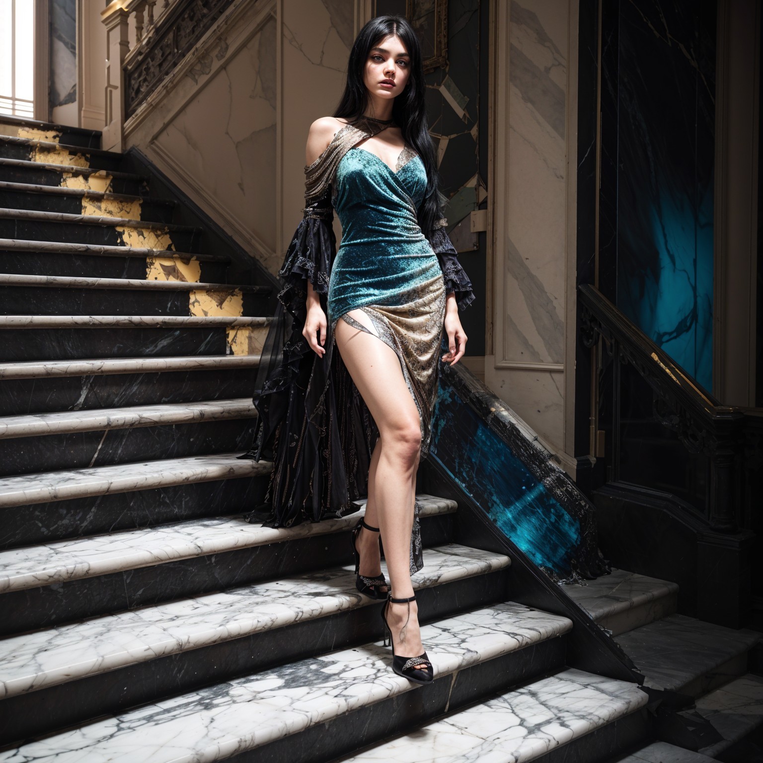 Young Woman in Elegant Dress on Grand Staircase