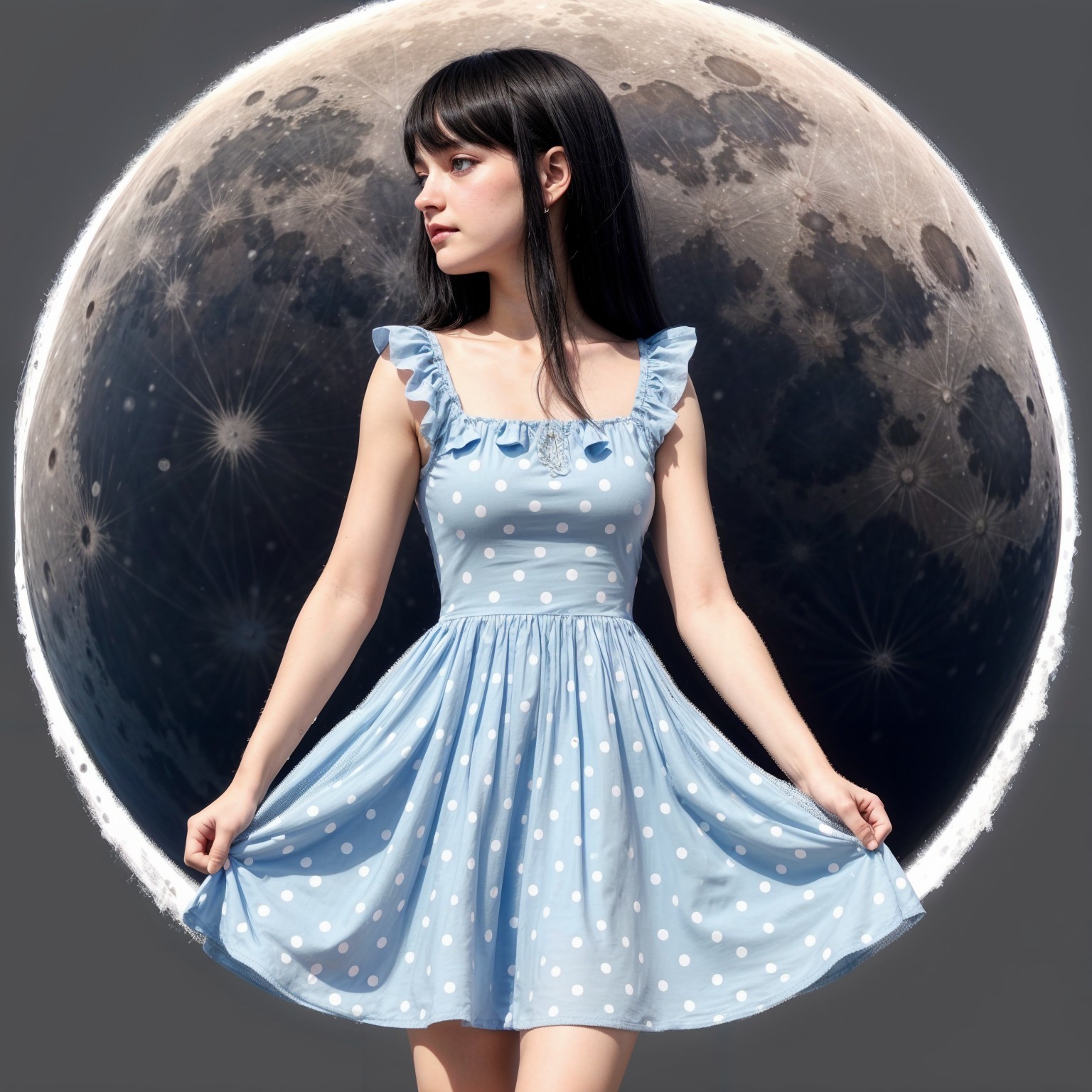 Young Woman in Blue Polka Dot Dress with Full Moon