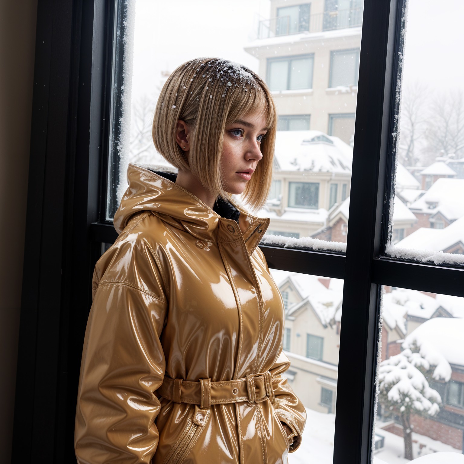 Young Woman in Camel Coat by Winter Window
