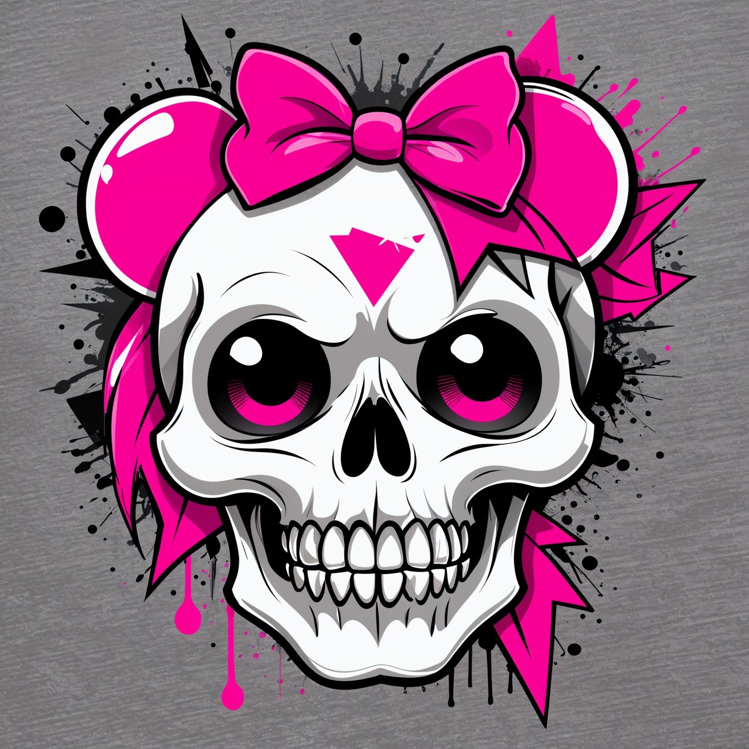 Stylized skull with pink bow and cartoonish eyes