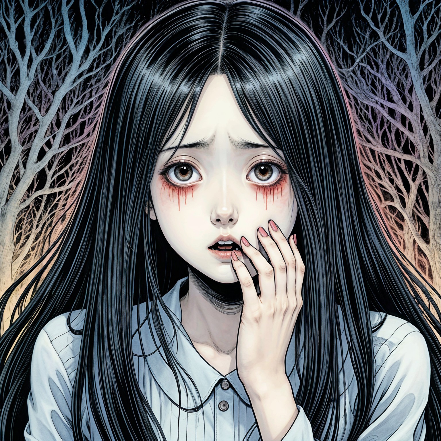 Girl with Black Hair in Eerie Forest Setting