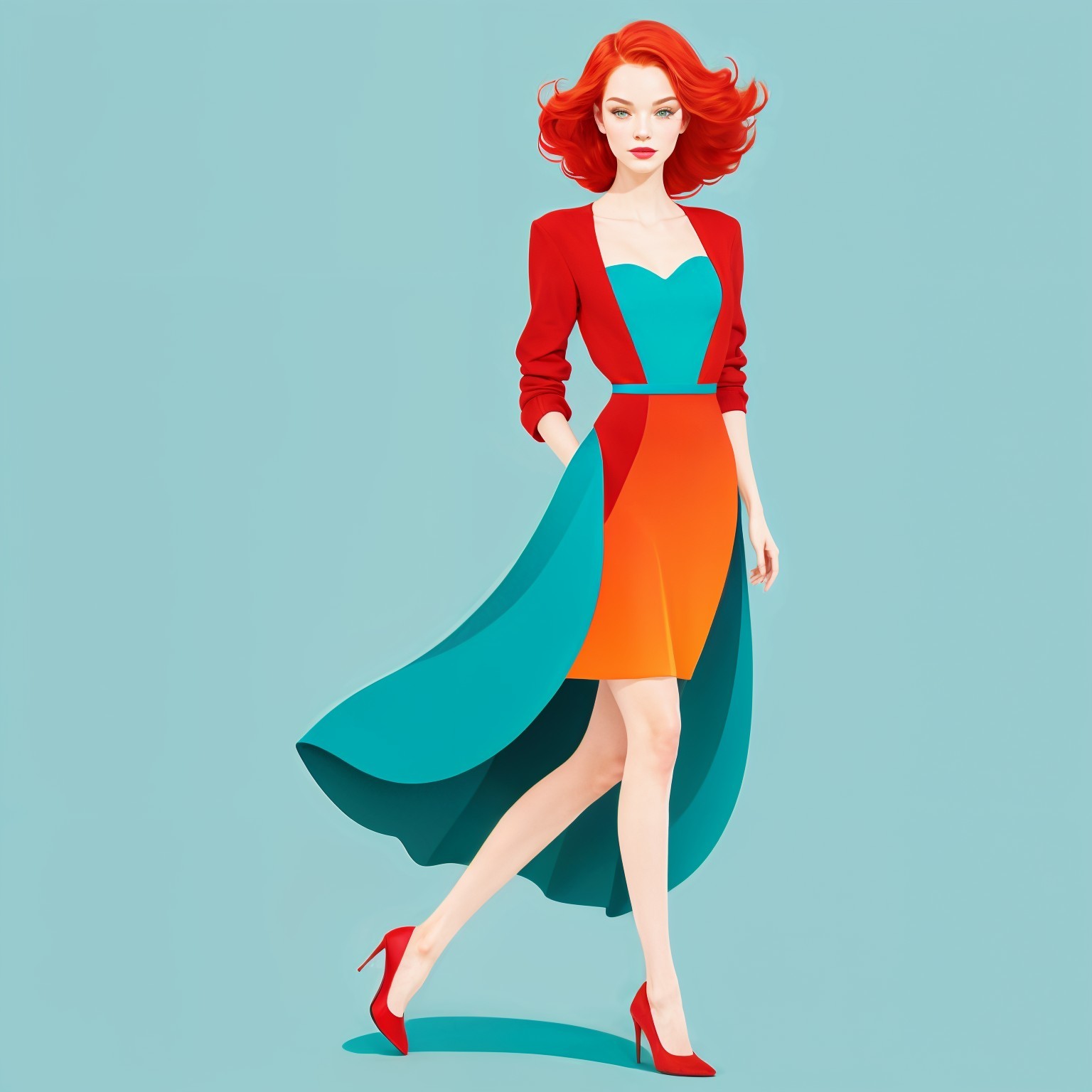 Stylish Woman in Vibrant Turquoise and Orange Outfit