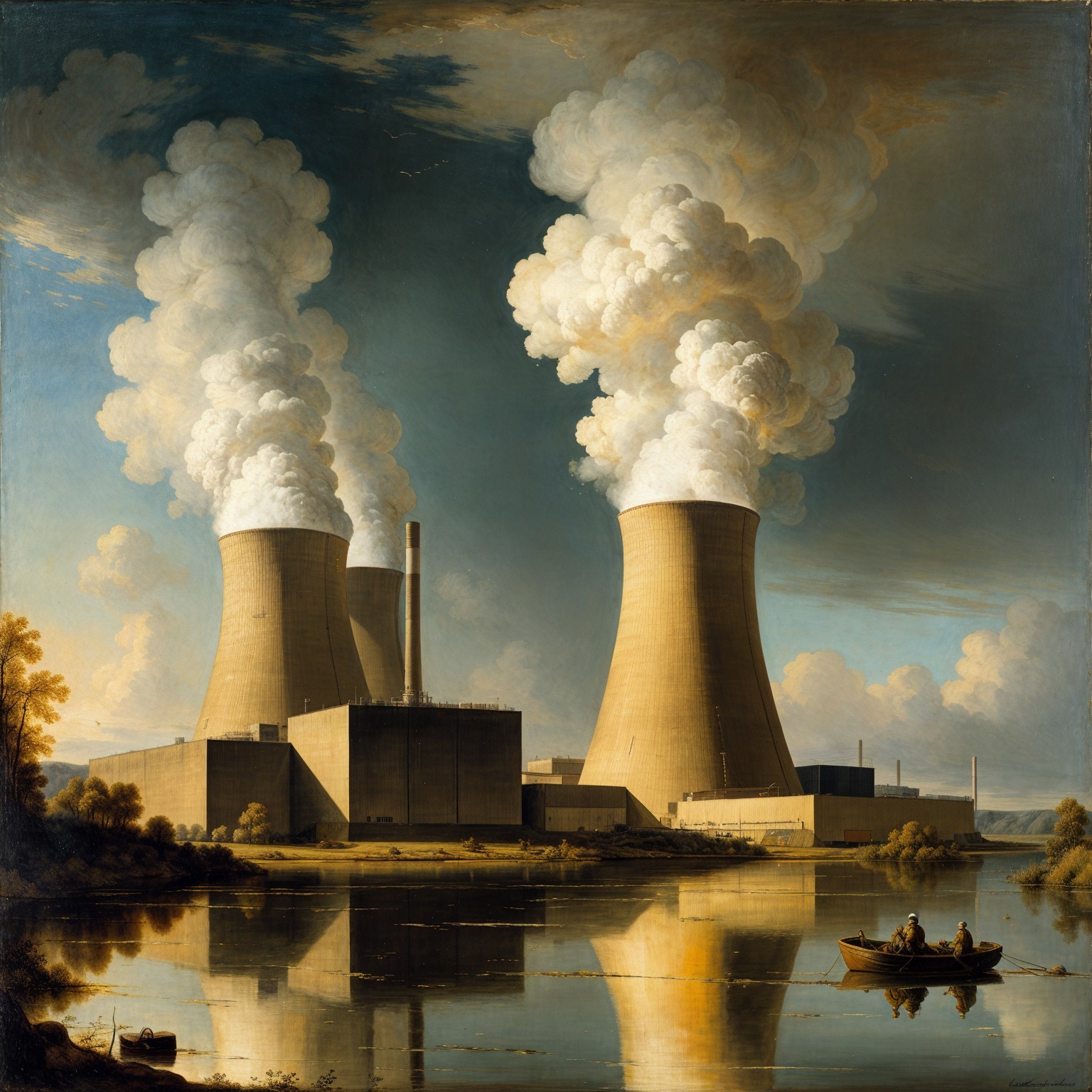 Serene Landscape with Industrial Complex and Water Reflection