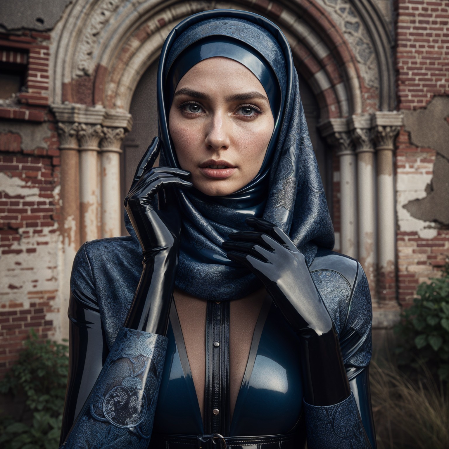 Contemporary Figure in Dark Outfit Against Historic Backdrop