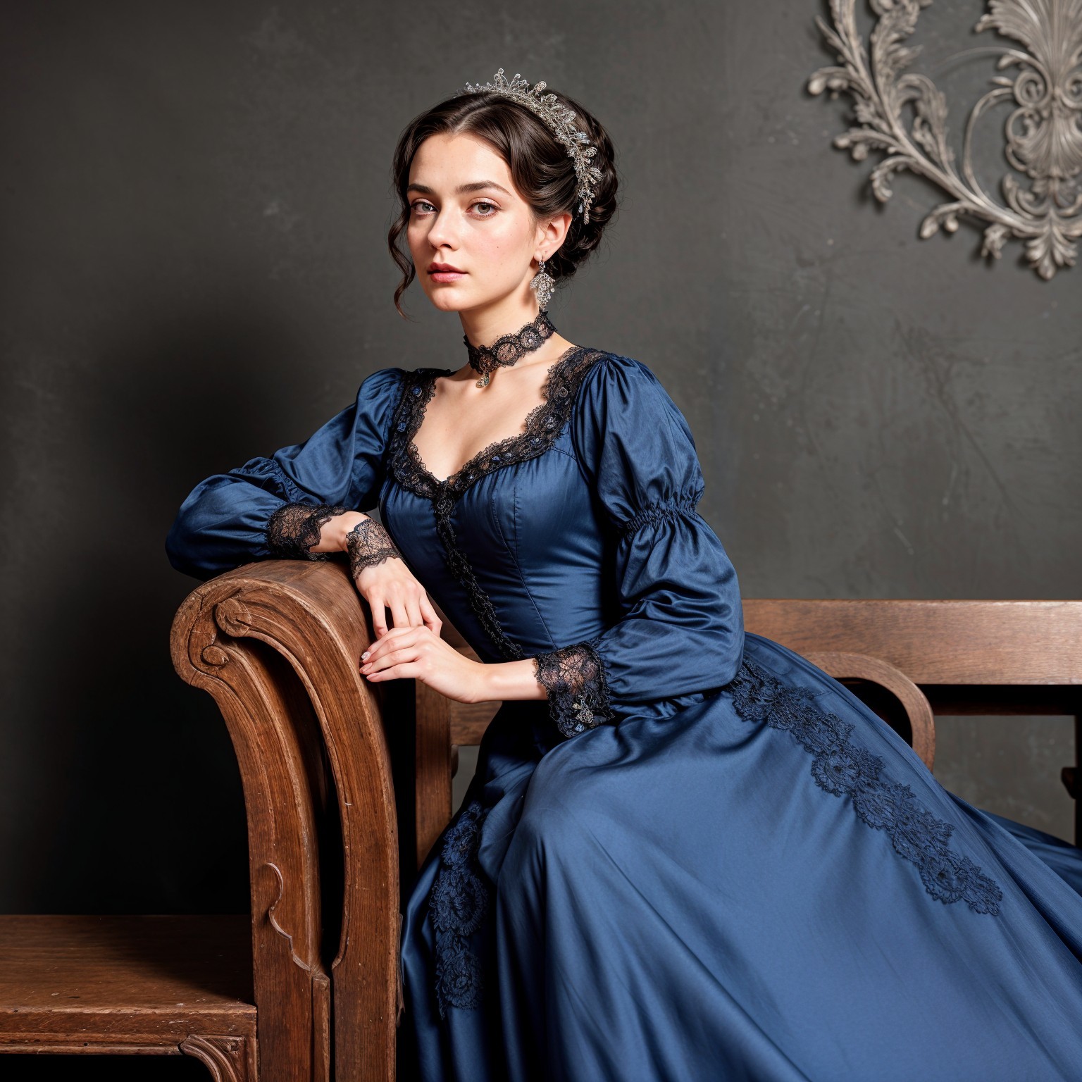 Elegant young woman in dark blue gown on bench