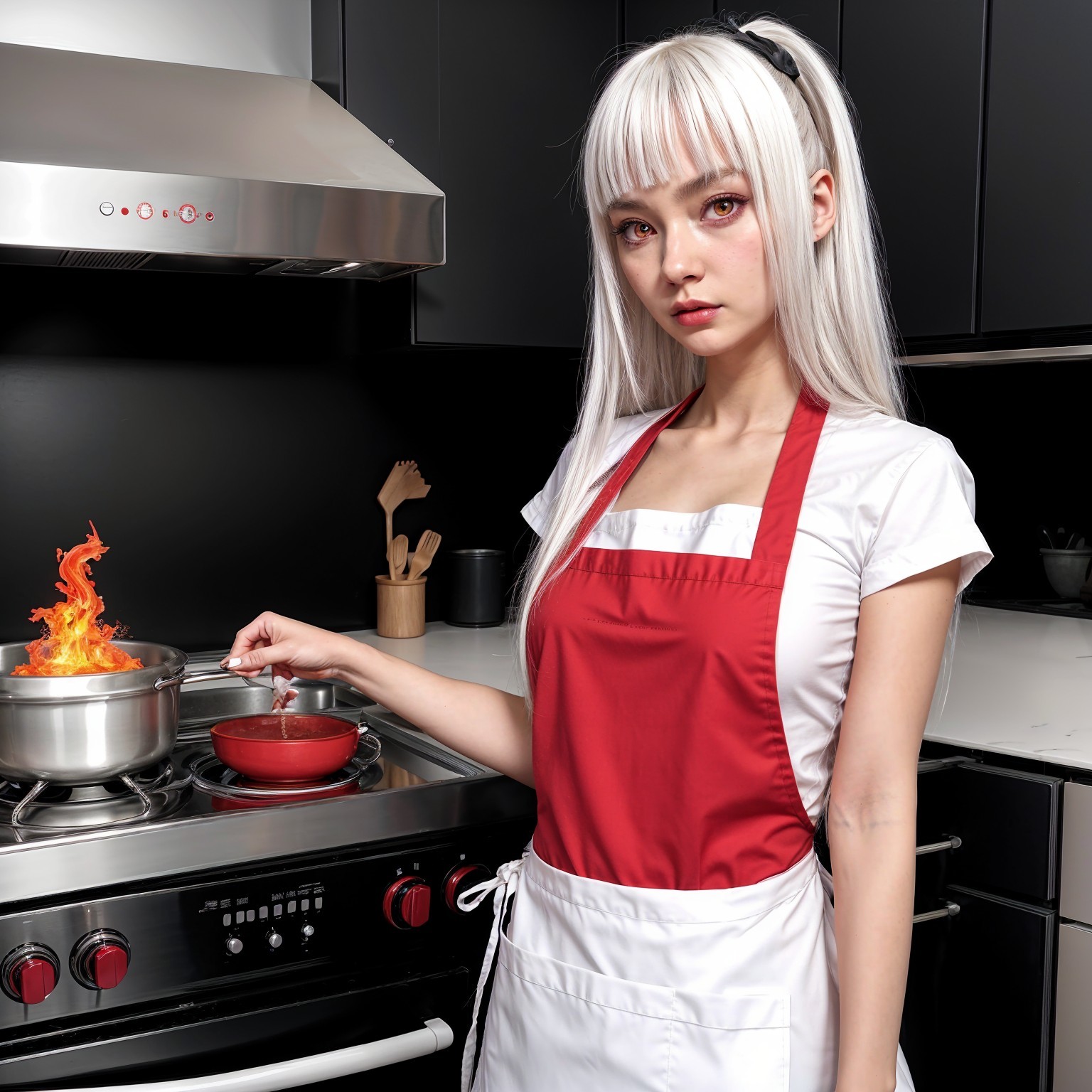 Young Woman Cooking in Modern Kitchen with Flames