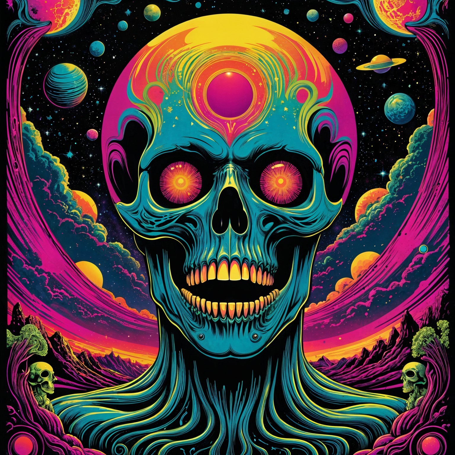 Psychedelic Skull Against Cosmic Background