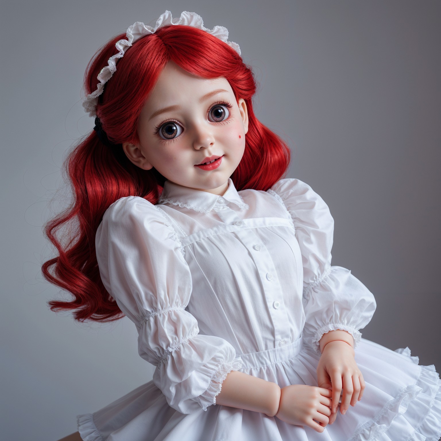 Lifelike doll with red hair in vintage dress
