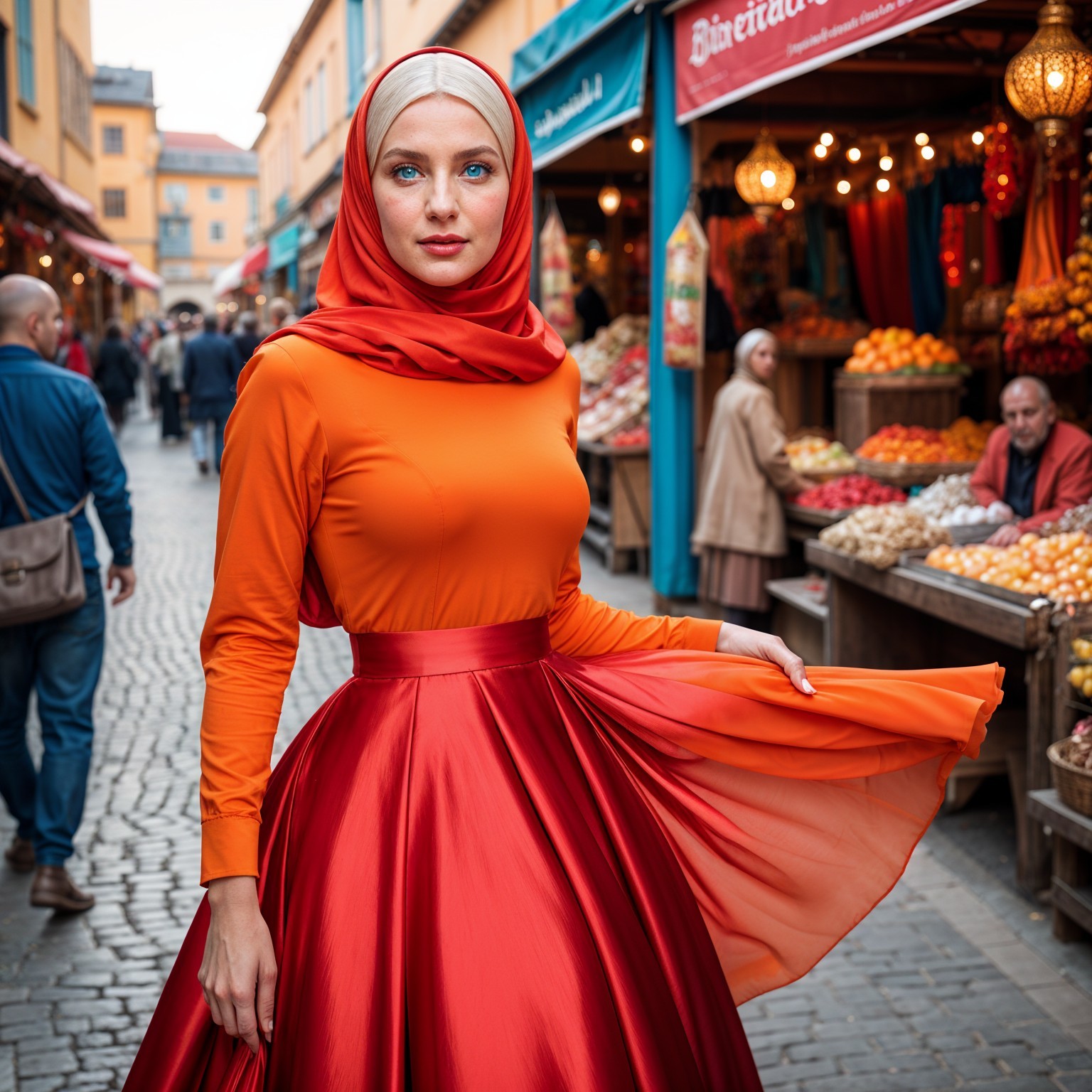 Marketplace Scene with Woman in Colorful Attire