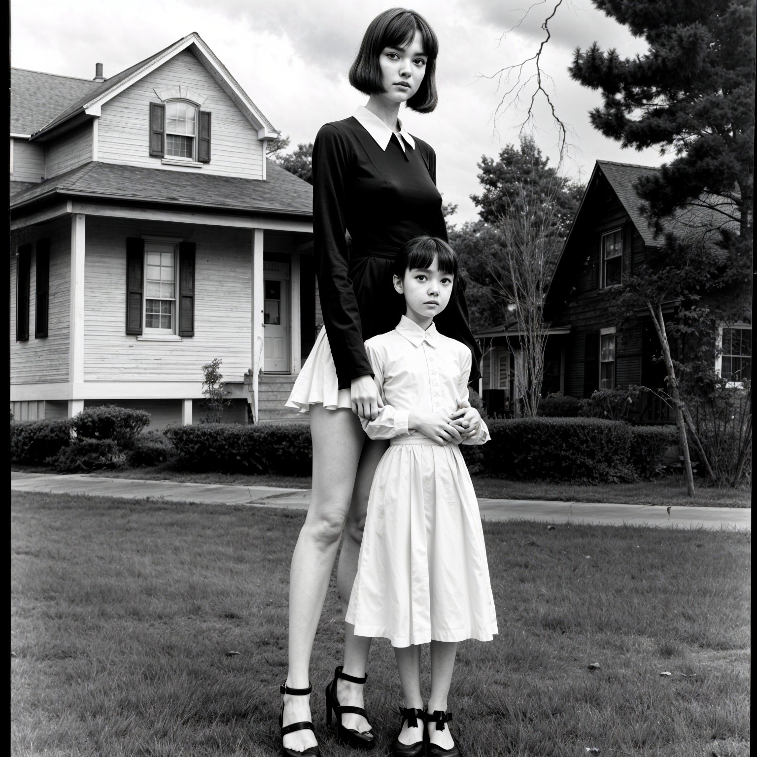 Young Woman and Girl in Contrasting Dresses Outdoors