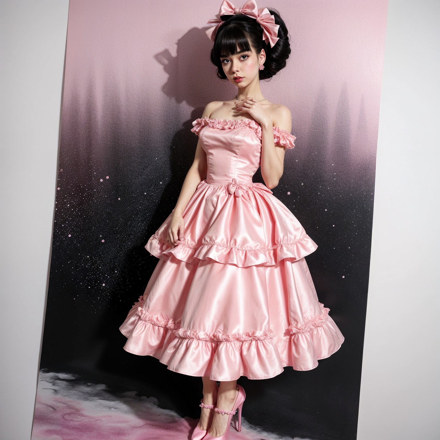 Elegant Young Woman in Ruffled Pink Off-Shoulder Dress