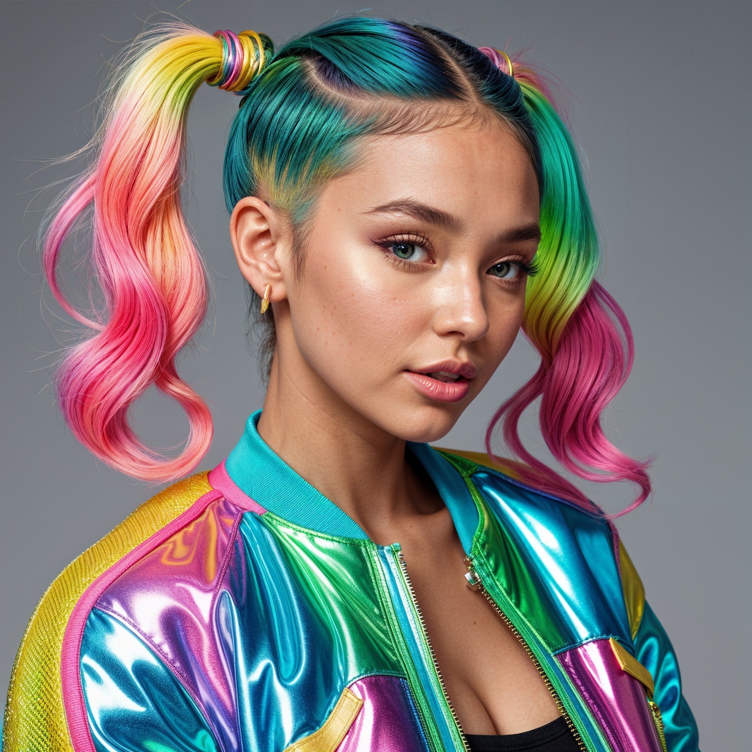 Young woman with multicolored hair in pigtails
