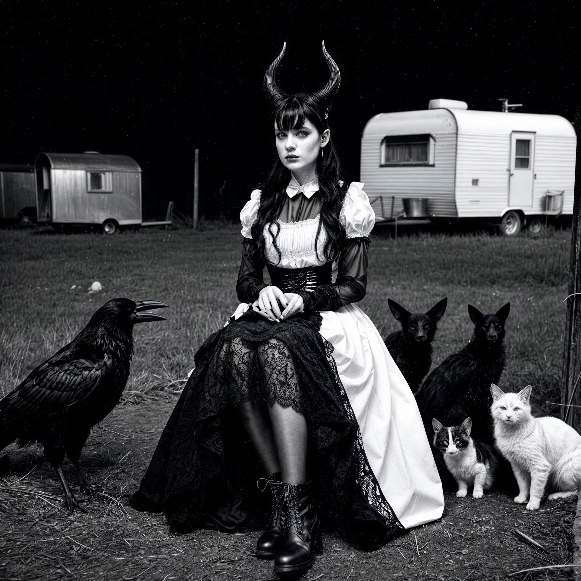 Horned Woman in Gothic Dress with Animals in Field