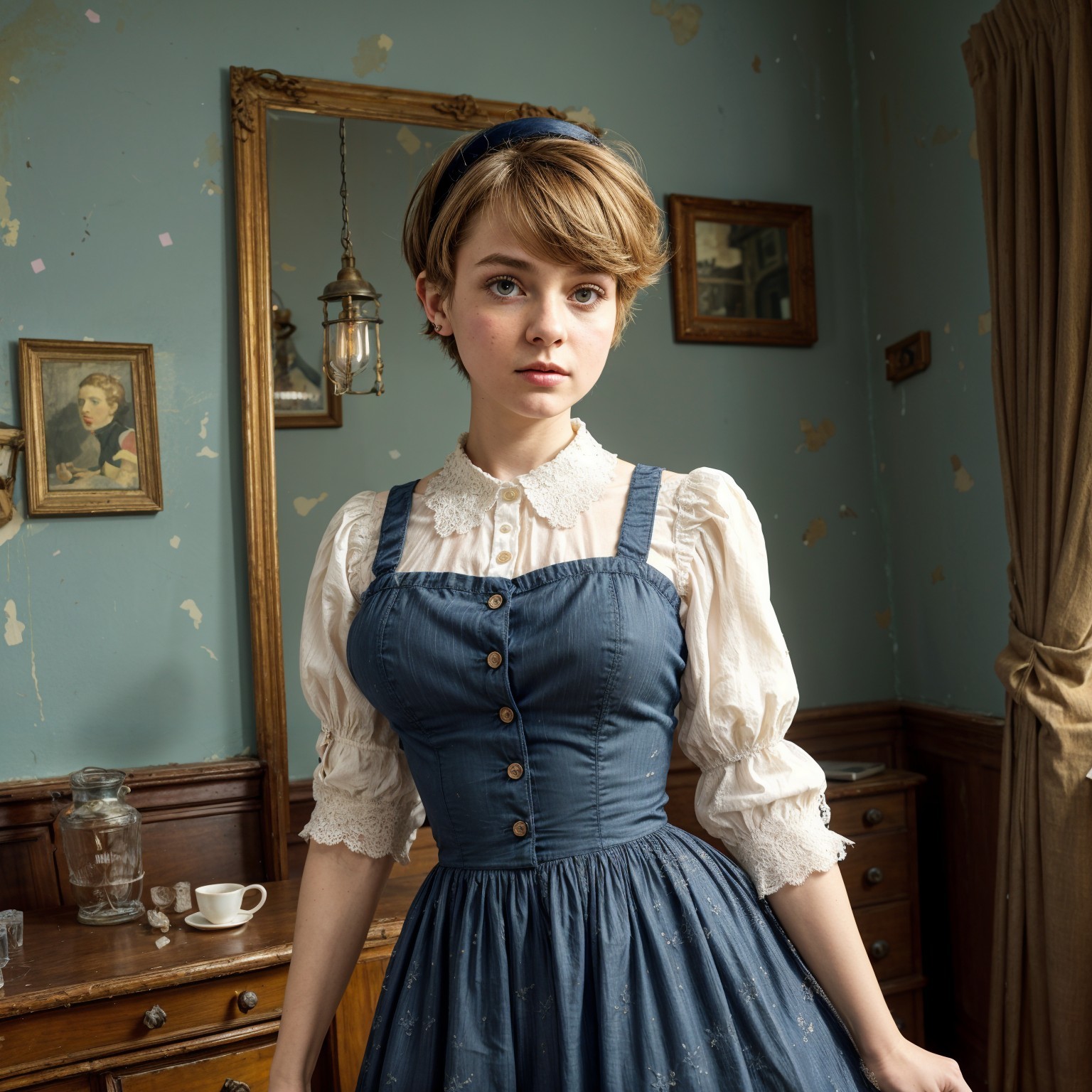 Young Woman in Vintage Blue Dress in Elegant Room