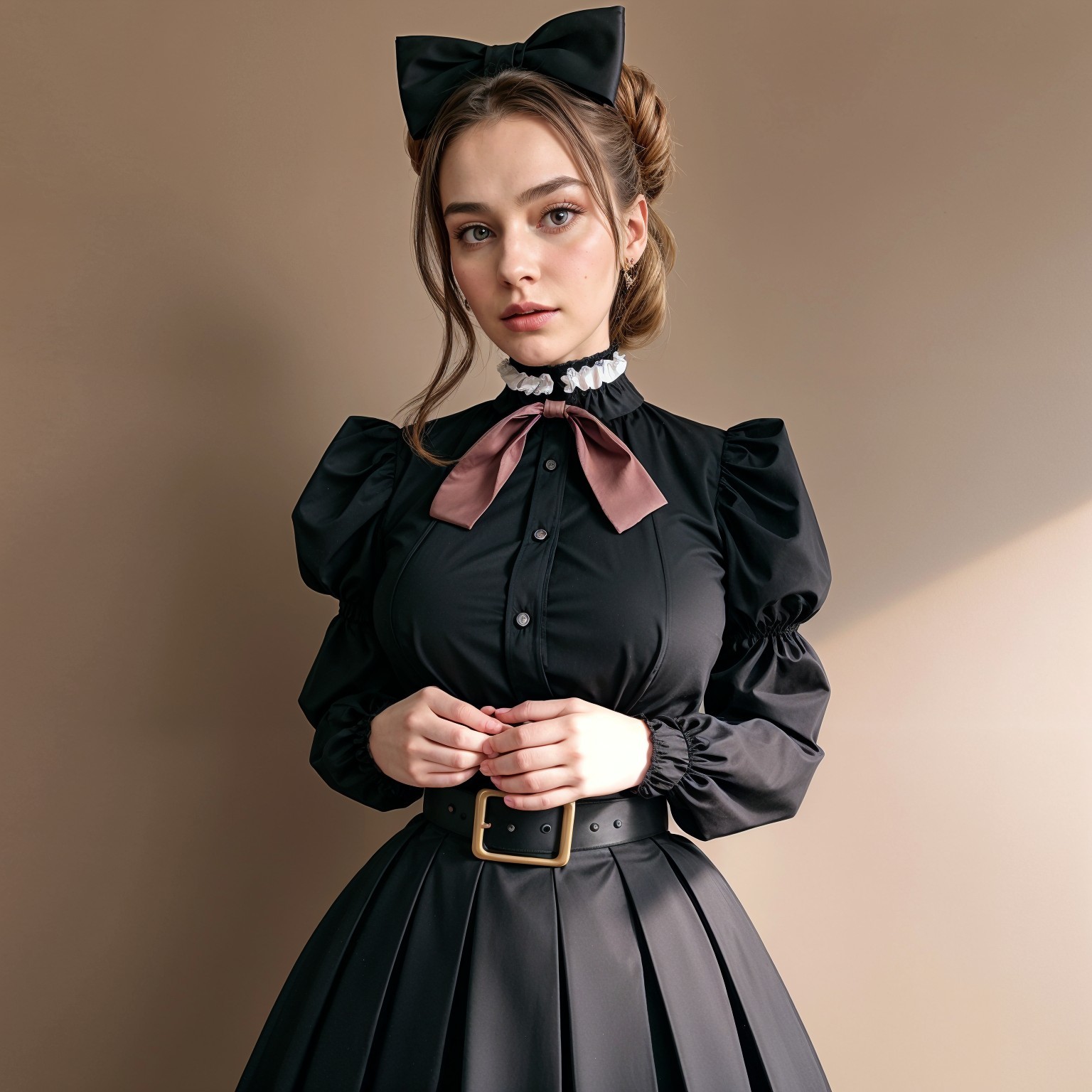 Elegant Black Dress with High Collar and Puffed Sleeves