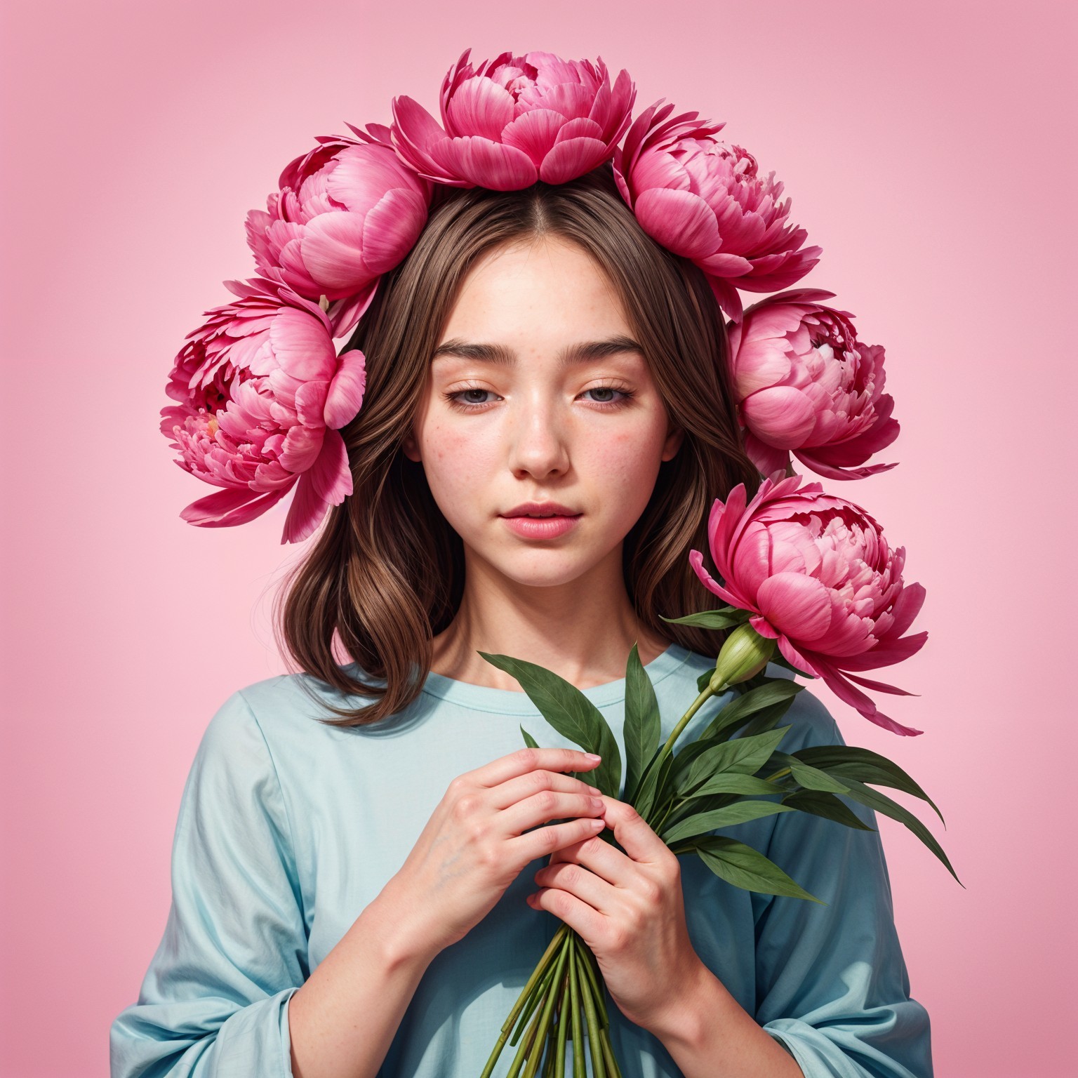 Young Woman with Peony Crown in Soft Pink Setting