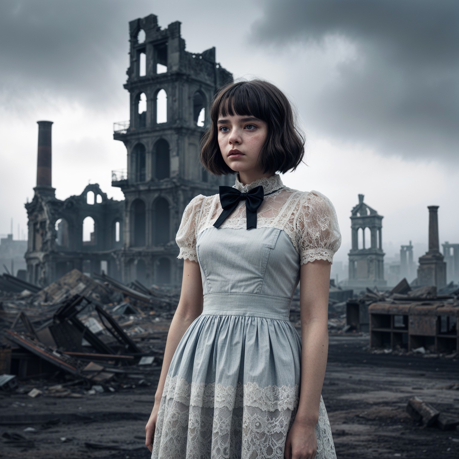 Young girl in vintage dress in post-apocalyptic ruins