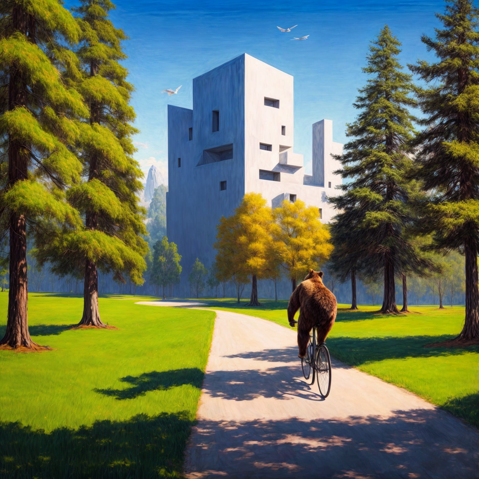 Bear Riding Bicycle in Vibrant Park Landscape