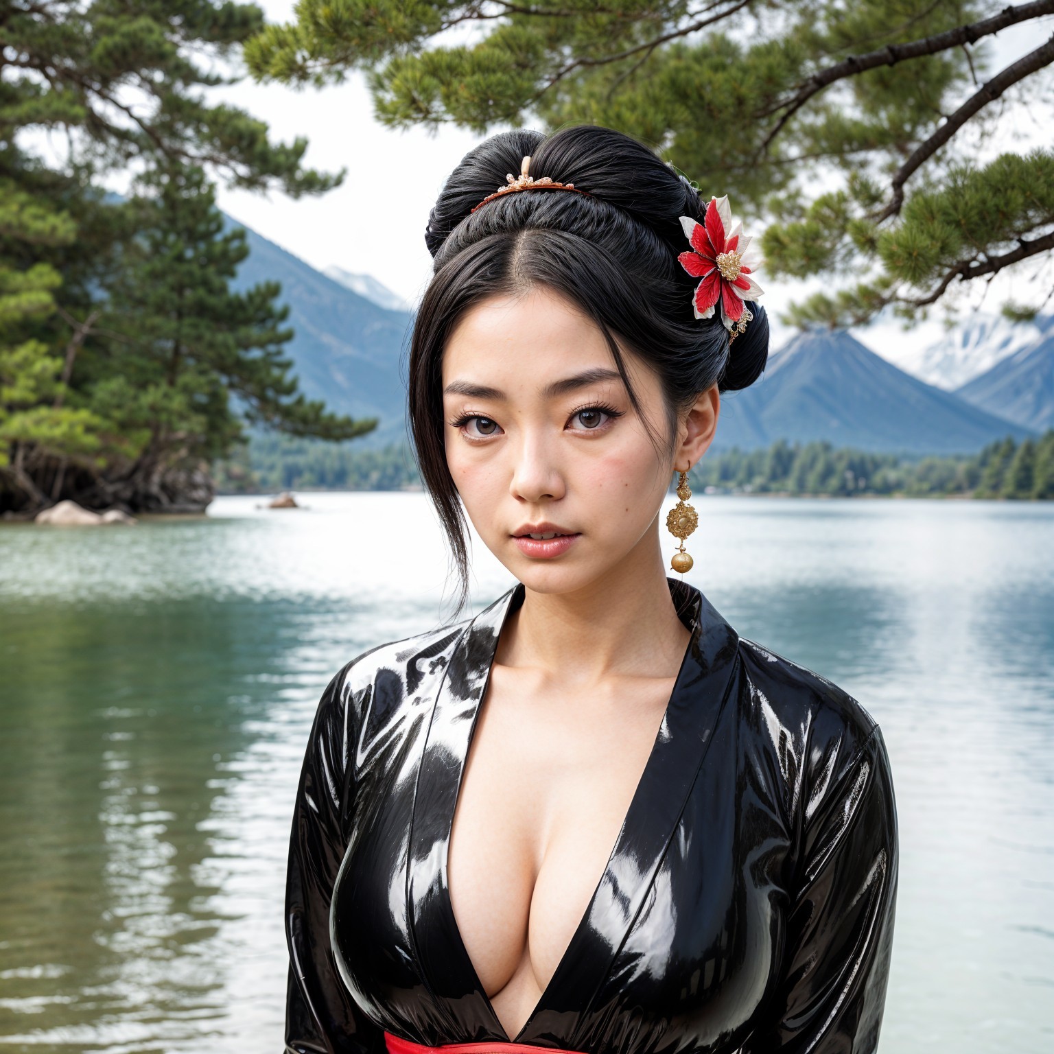 Woman in black kimono by serene lake and mountains