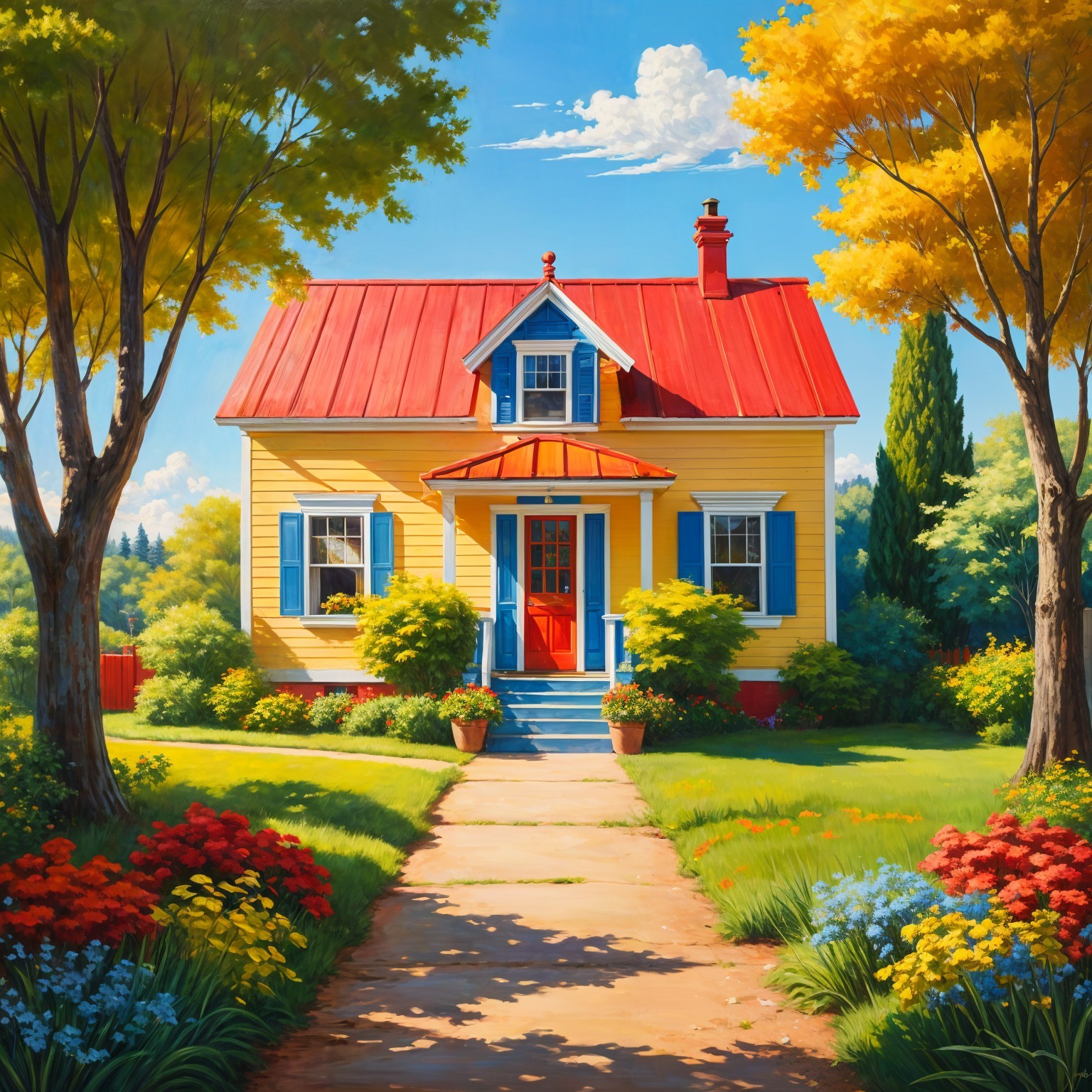 Charming Yellow House with Red Roof and Colorful Flowers