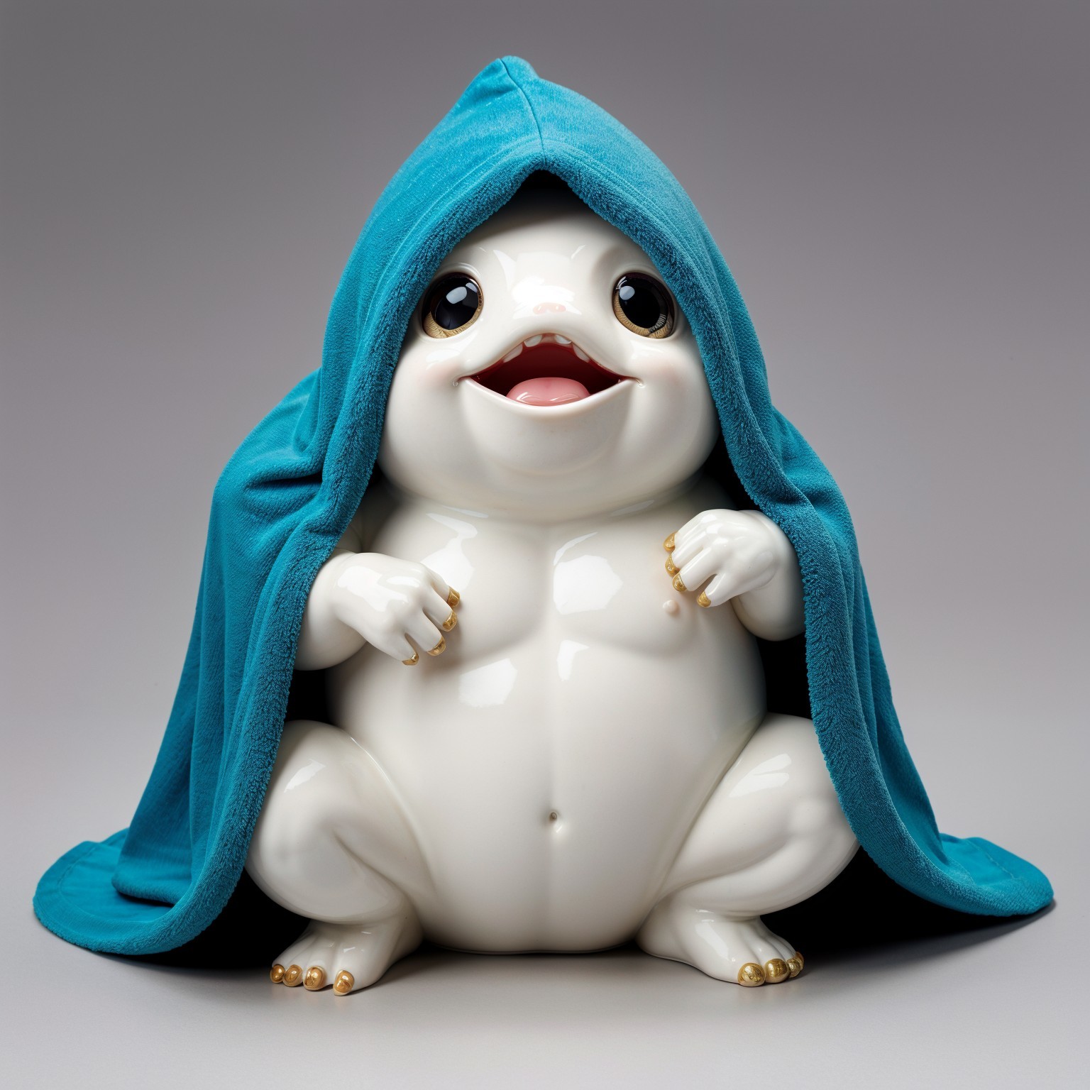 Whimsical Ceramic Frog-Like Figure with Teal Blanket