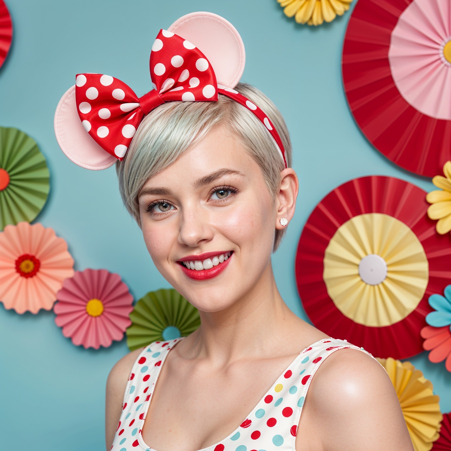 Cheerful Young Woman in Polka-Dotted Dress and Bow Headband