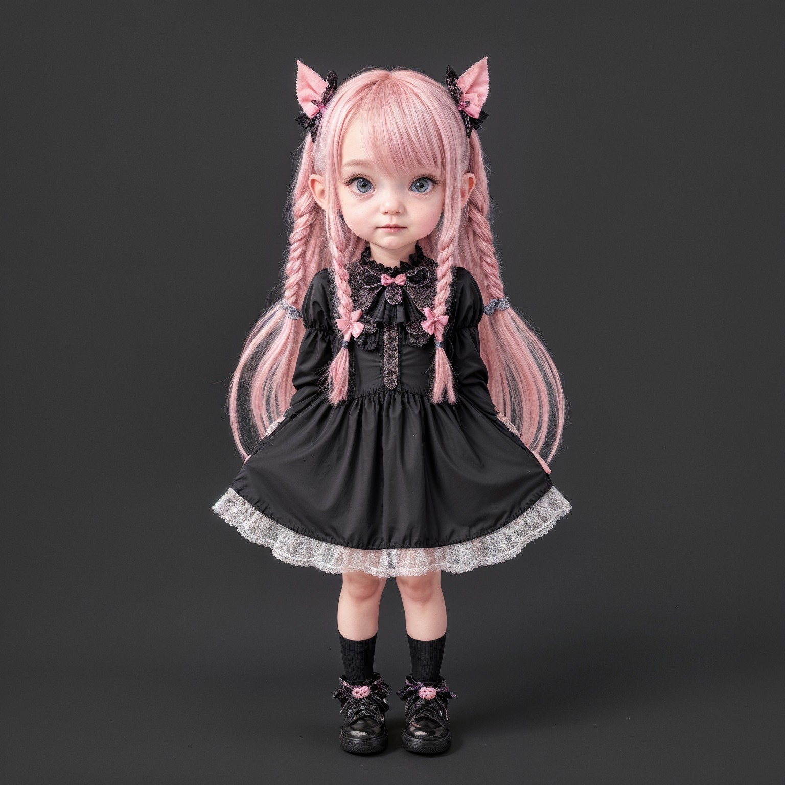 Doll-like character with pastel pink hair and black dress