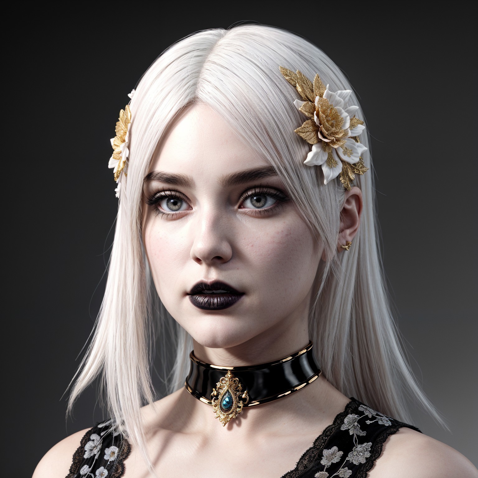 Platinum Blonde Figure with Floral Accents and Dark Makeup