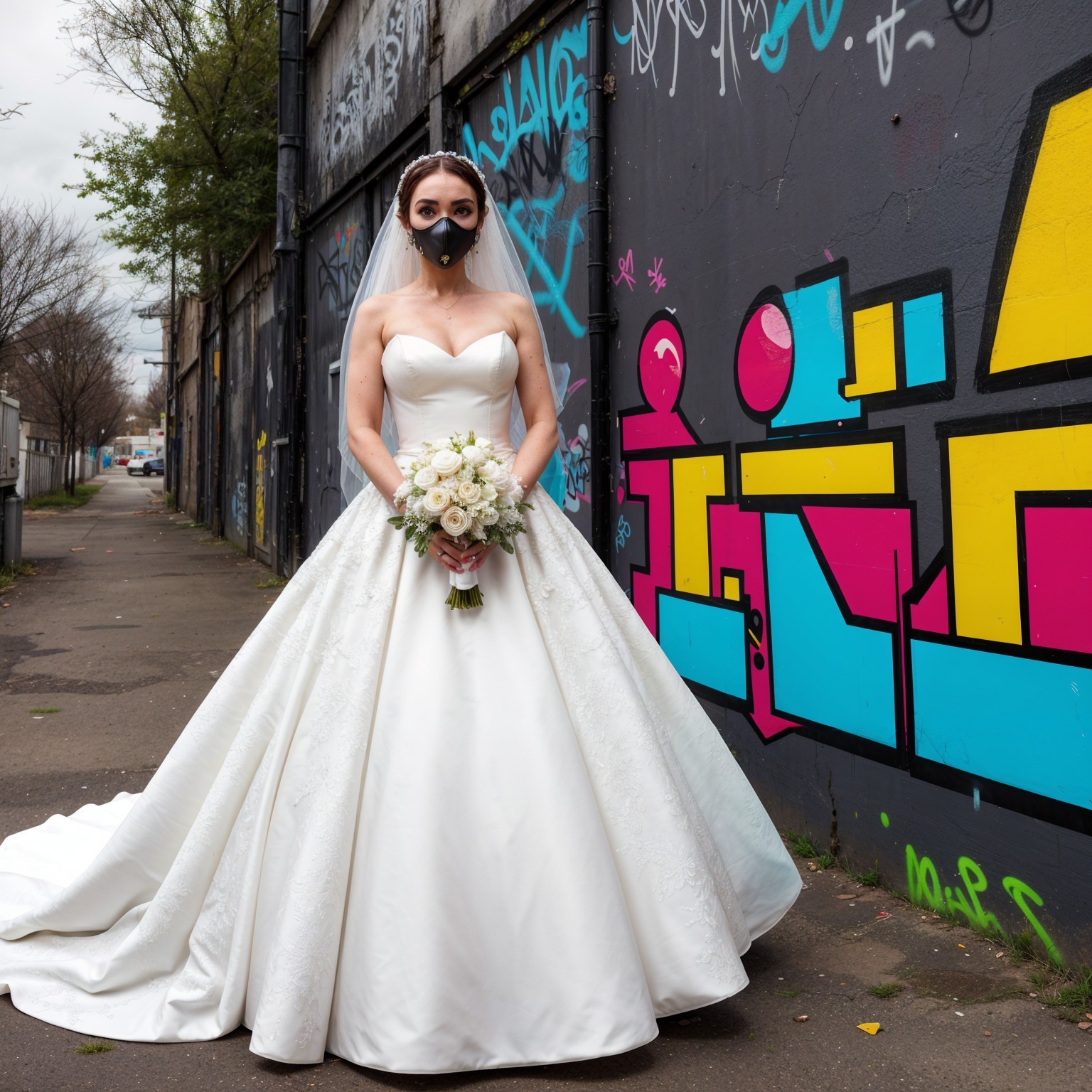 Bride in White Gown with Urban Graffiti Background