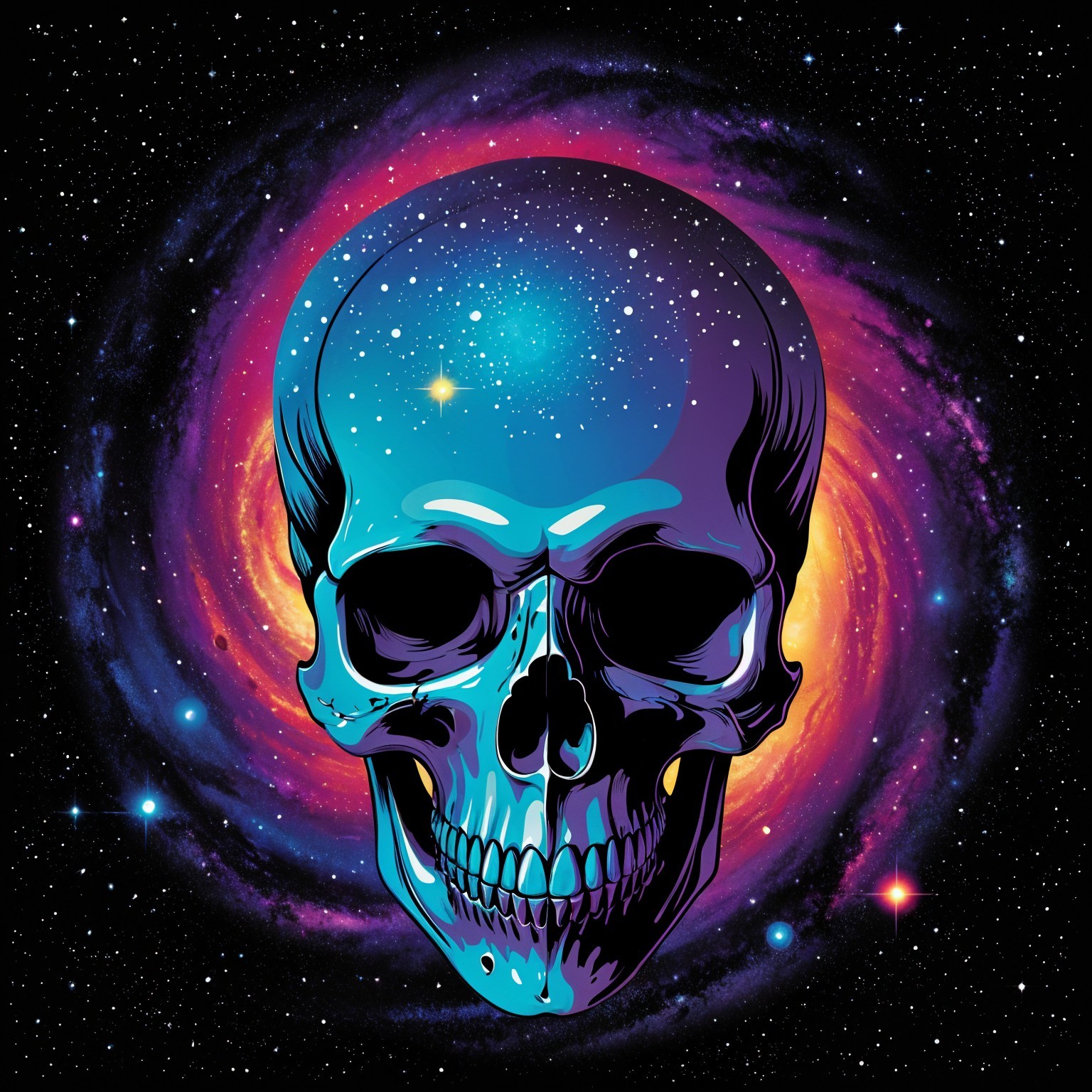 Vibrant Stylized Skull Against Cosmic Background