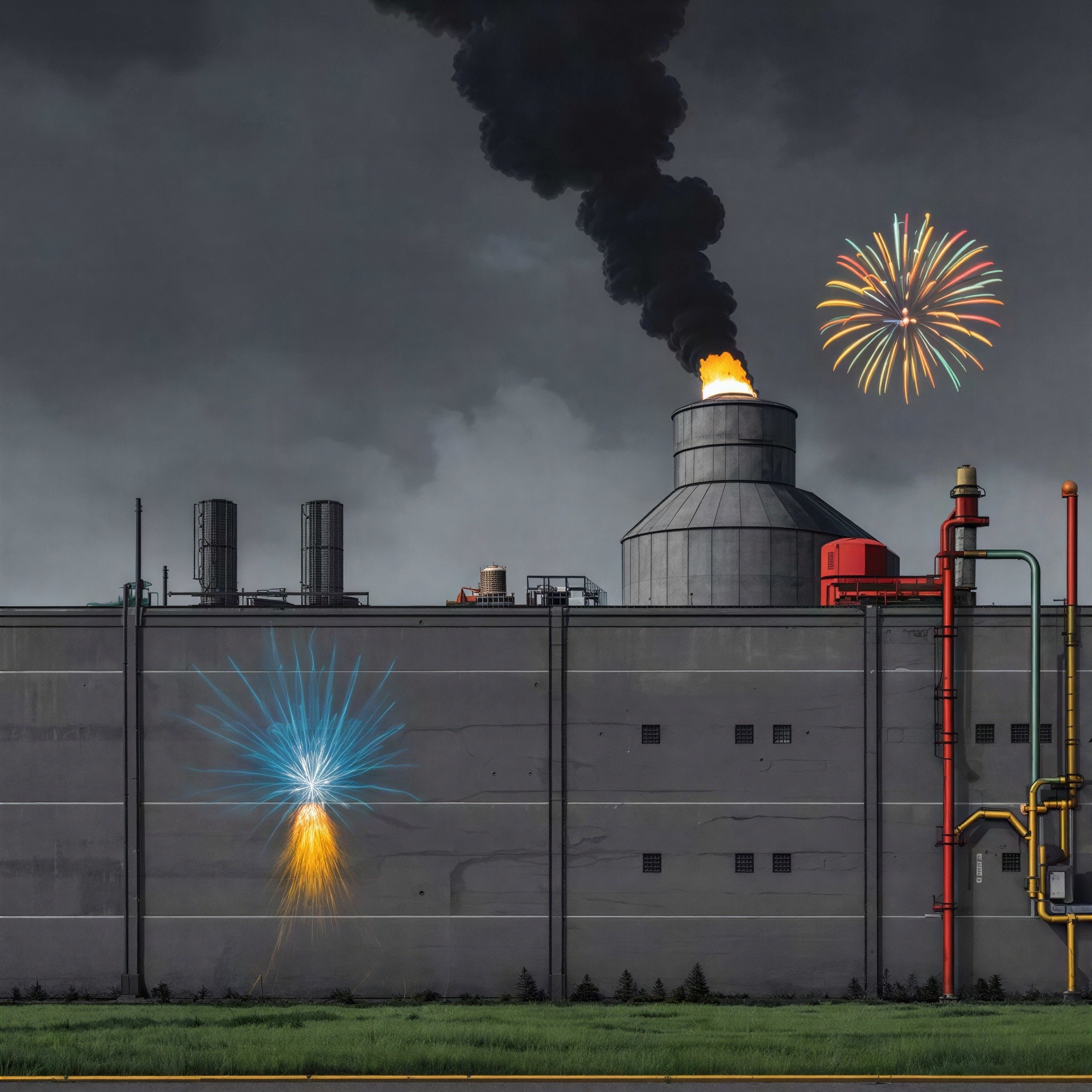 Nighttime Aerial View of Industrial Complex and Fireworks