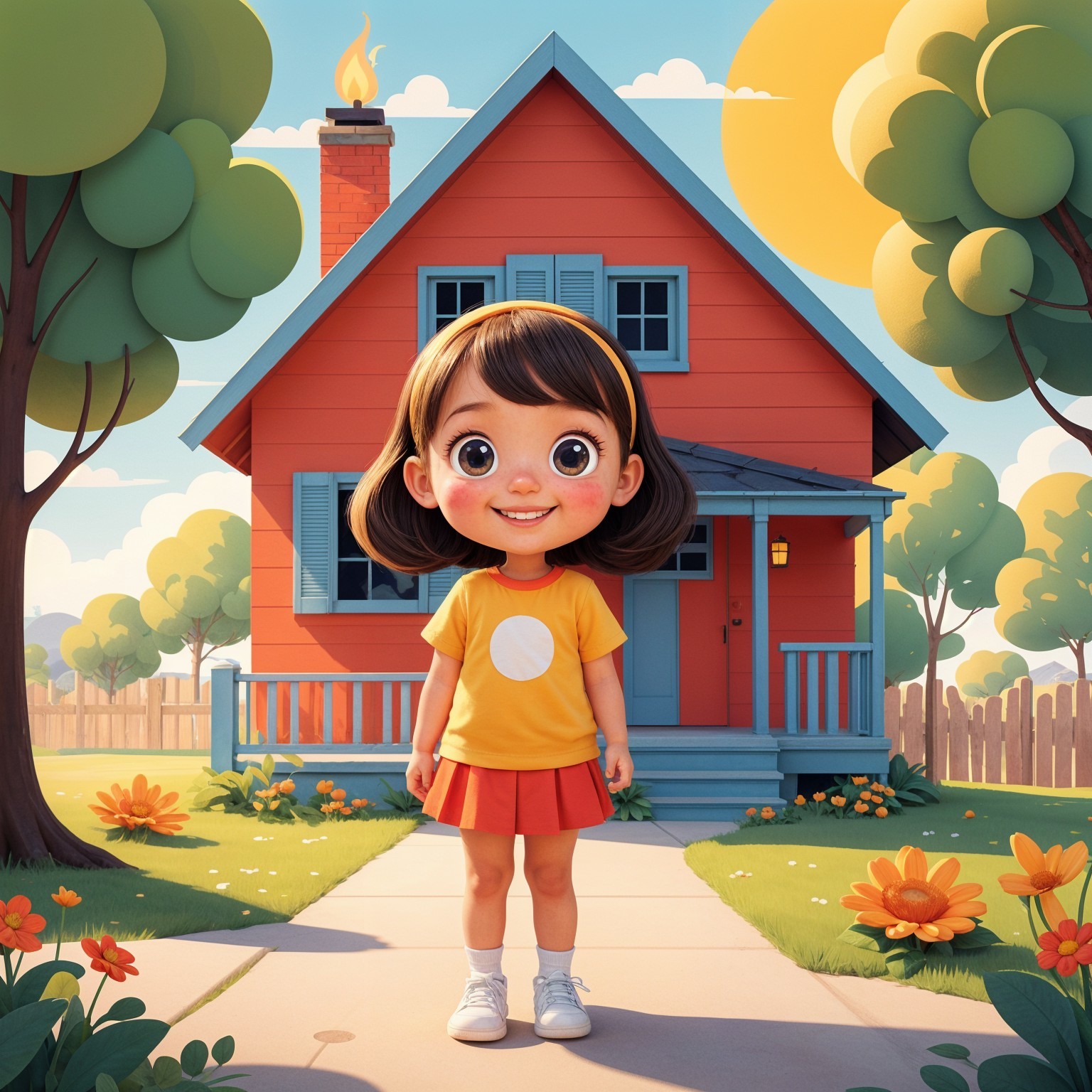 Cheerful girl in front of bright orange house scene