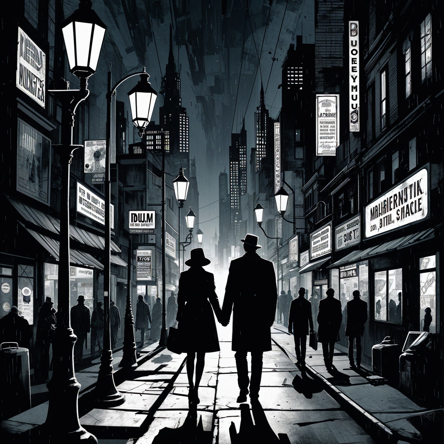 Noir-Inspired Night Street Scene with Silhouetted Couple