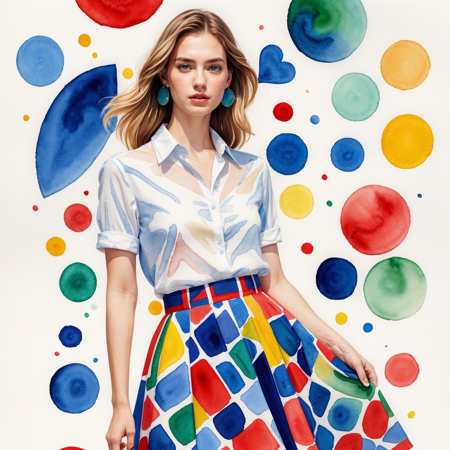 Young woman in patterned outfit against colorful backdrop