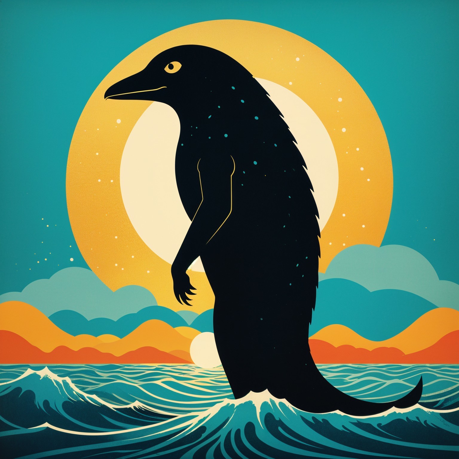 Stylized Aquatic Creature Against Vibrant Sunset