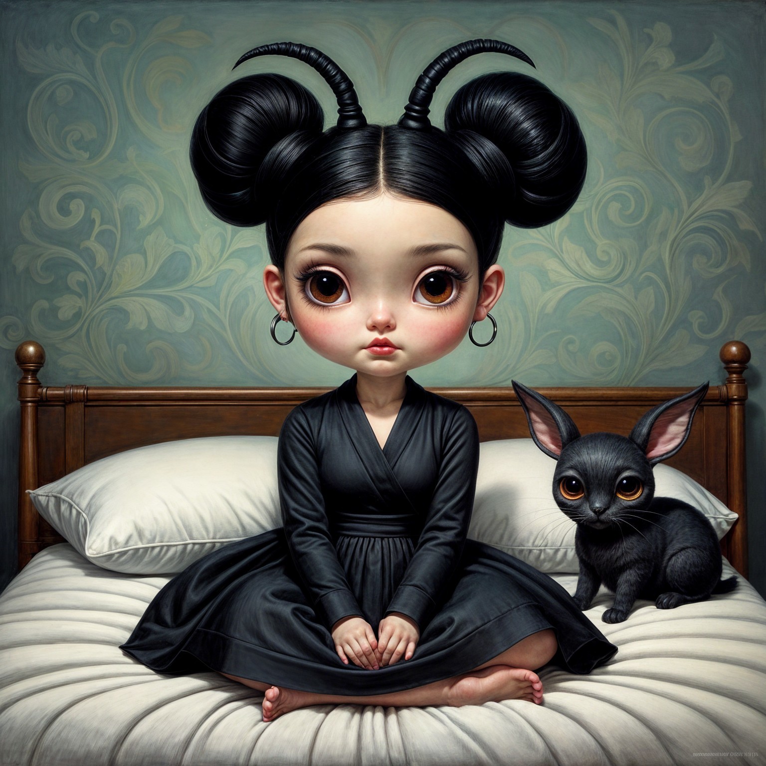 Young girl with horns and cat-like creature on bed