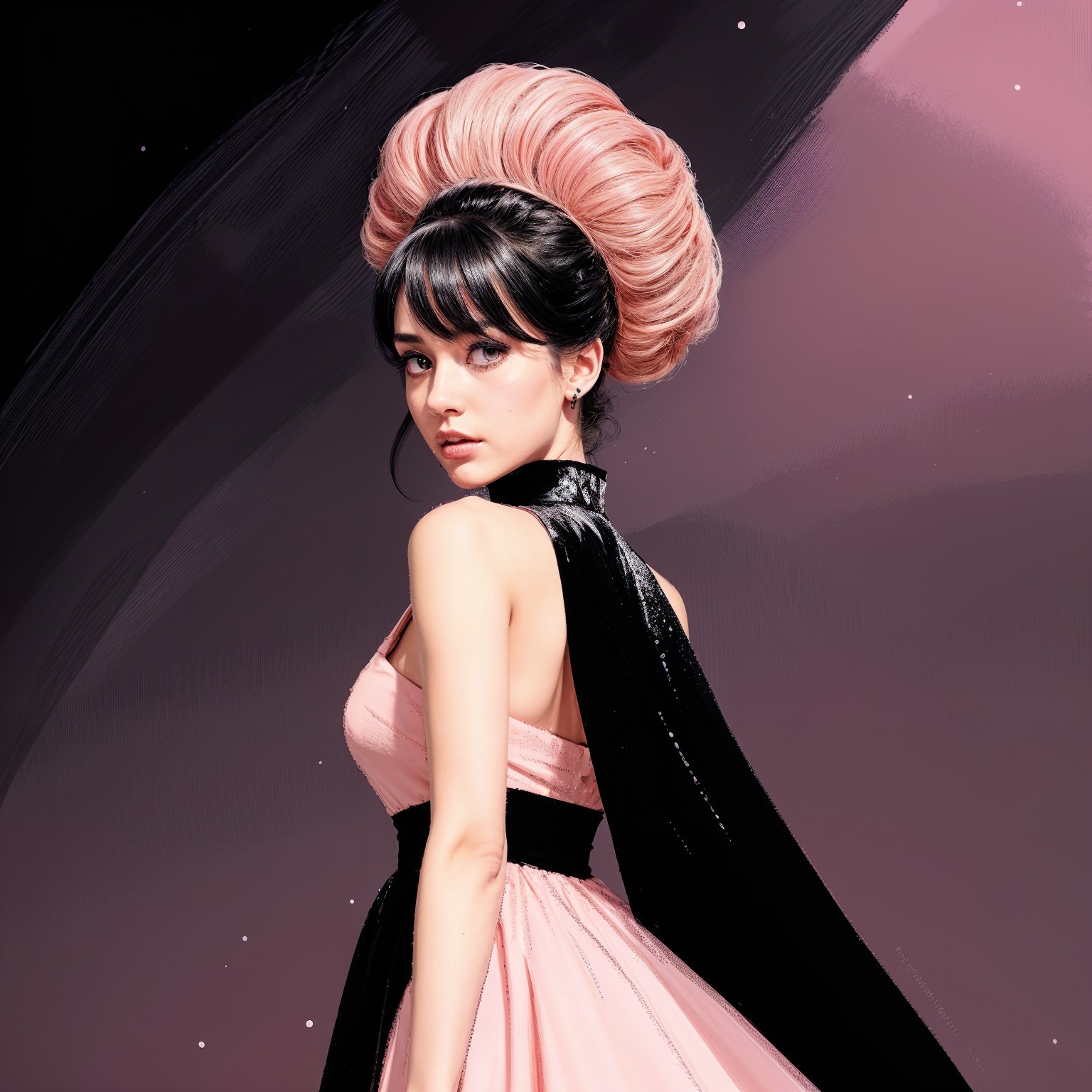 Elegant Woman in Pink Gown Against Cosmic Backdrop