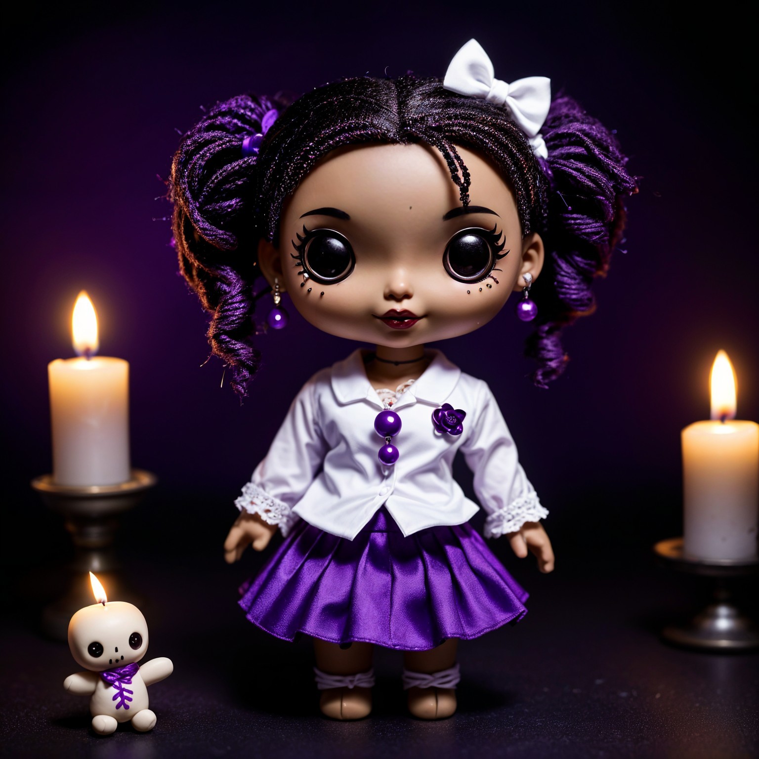 Charming Doll with Purple Pigtails and Skull Figurine
