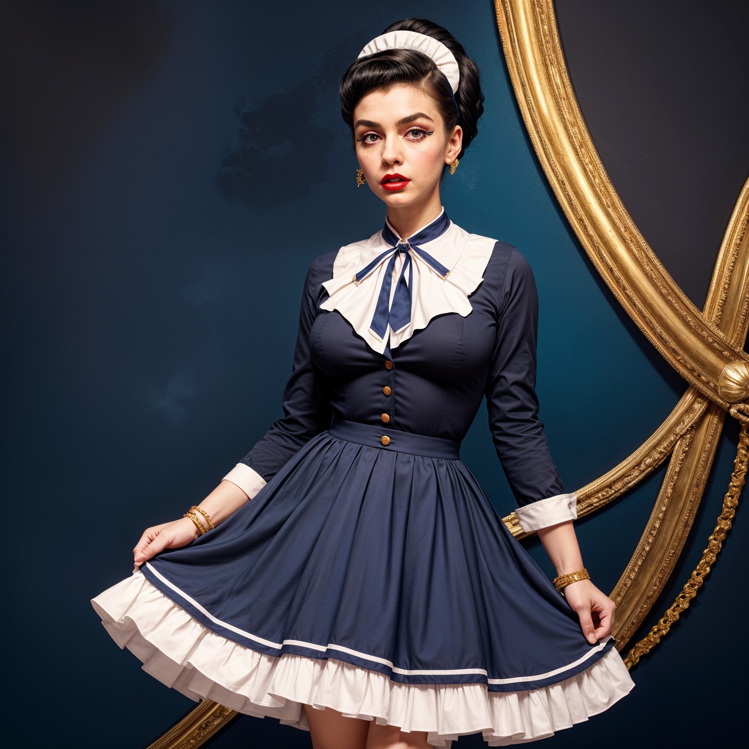 Elegant Young Woman in Vintage Navy Dress with Ruffles