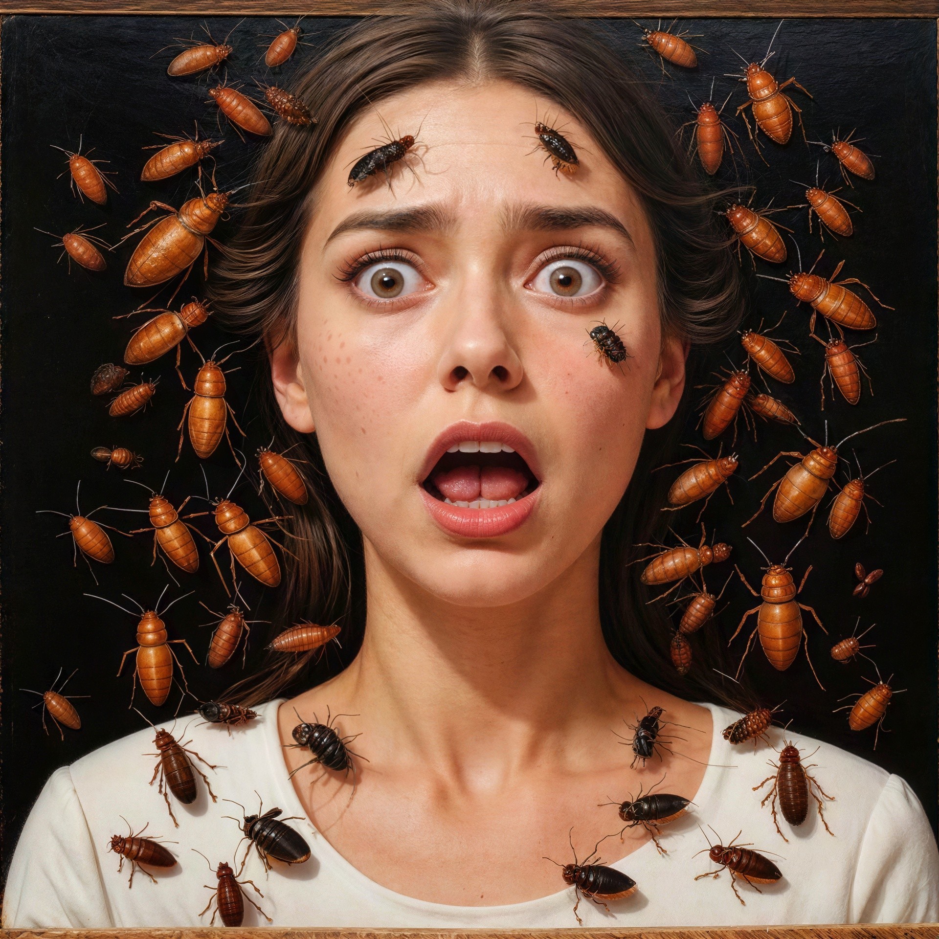 Realistic depiction of a terrified woman with cockroaches