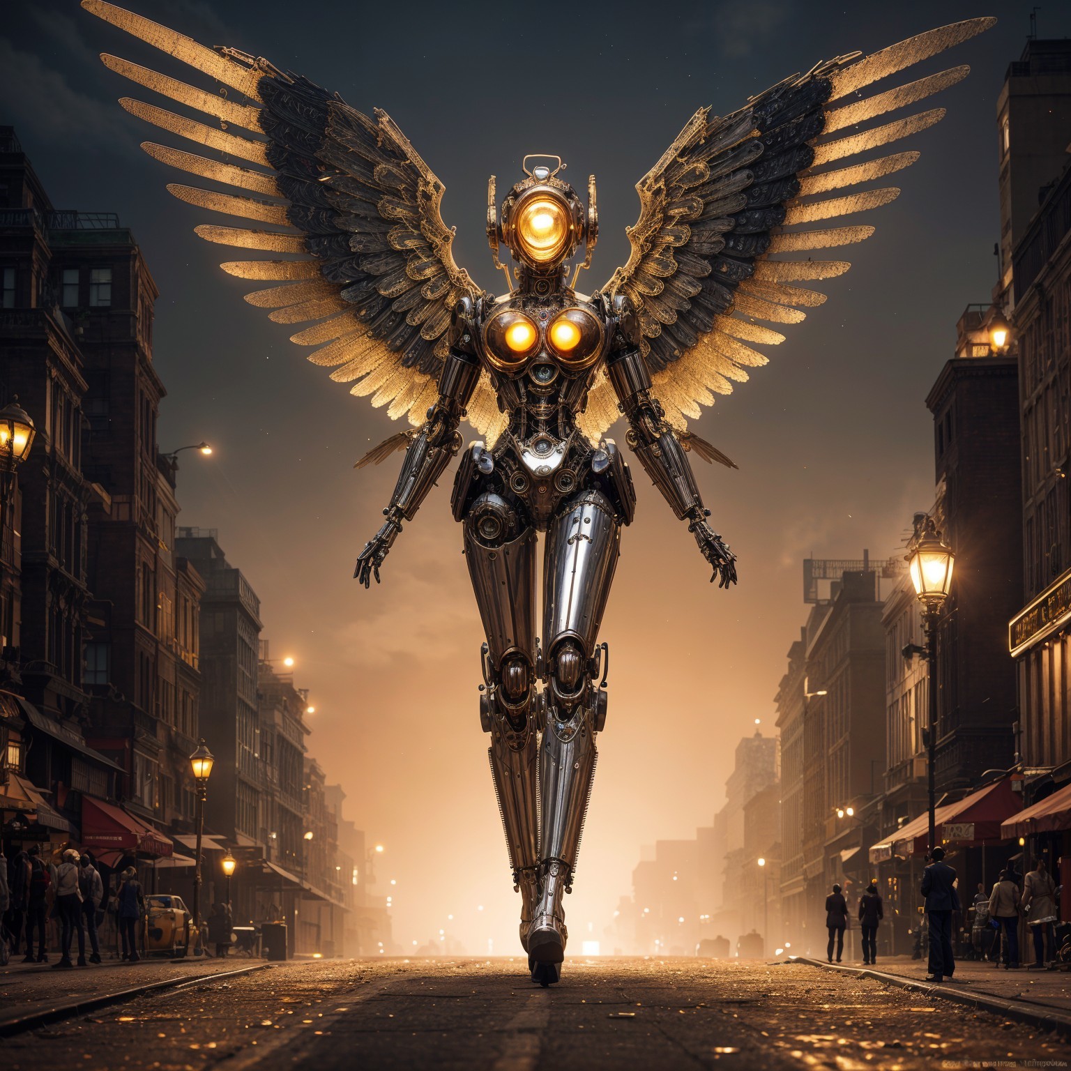 Robotic Figure with Wings on Dimly Lit Street