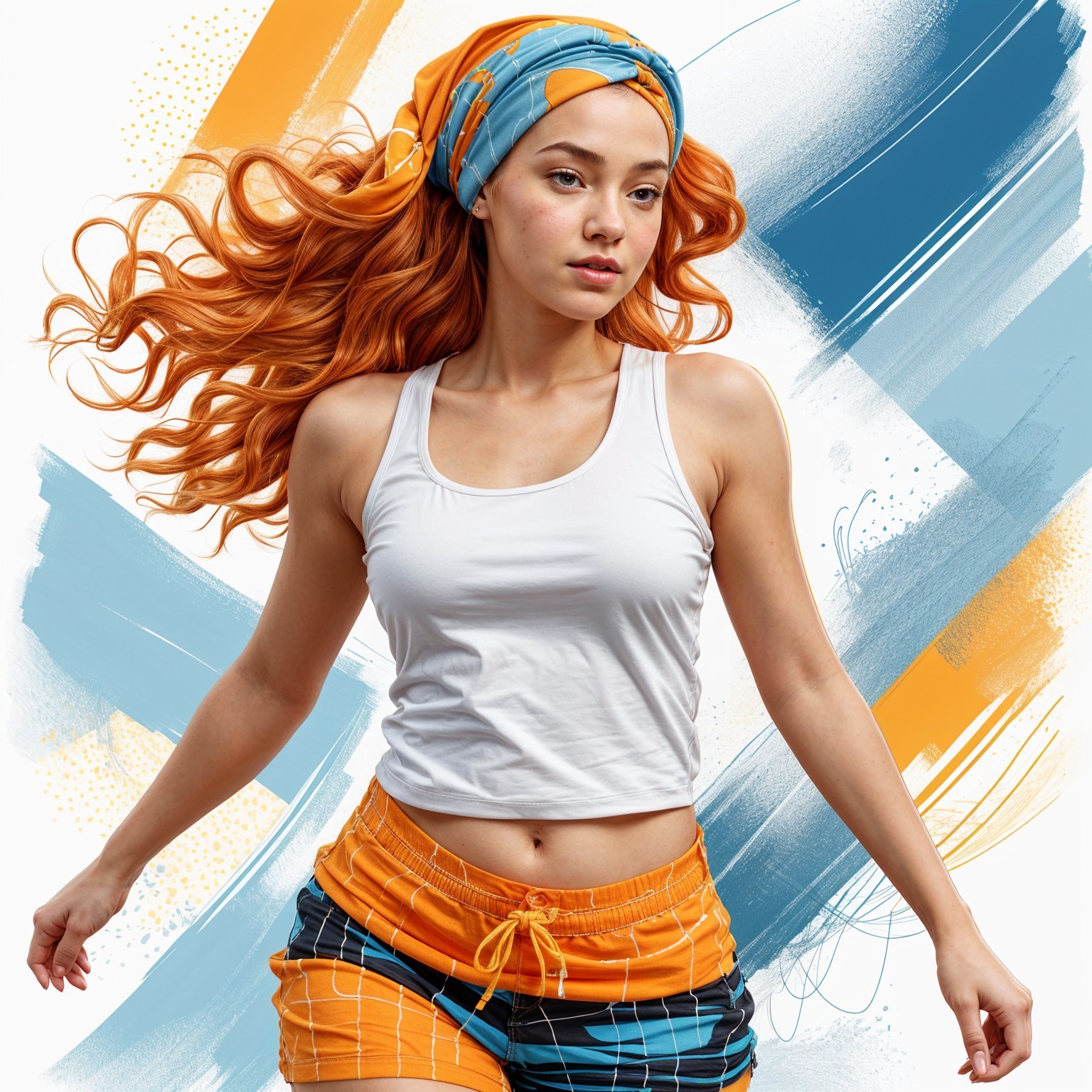 Young woman in motion with vibrant orange hair and shorts