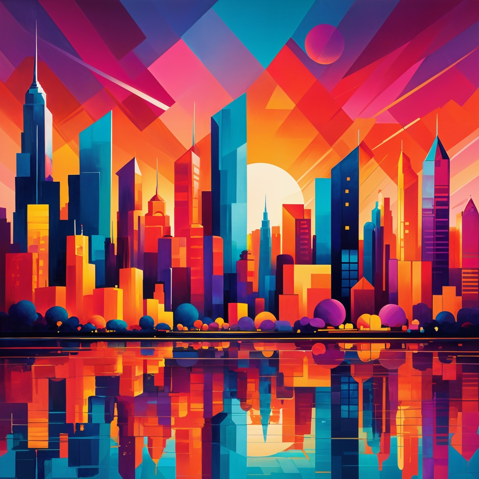Vibrant City Skyline at Sunset with Colorful Reflections