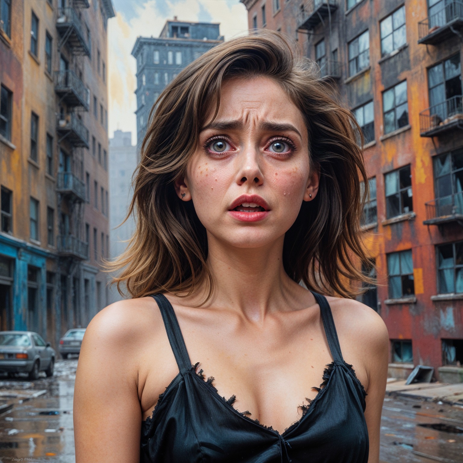 Young woman in deserted urban street with eerie atmosphere