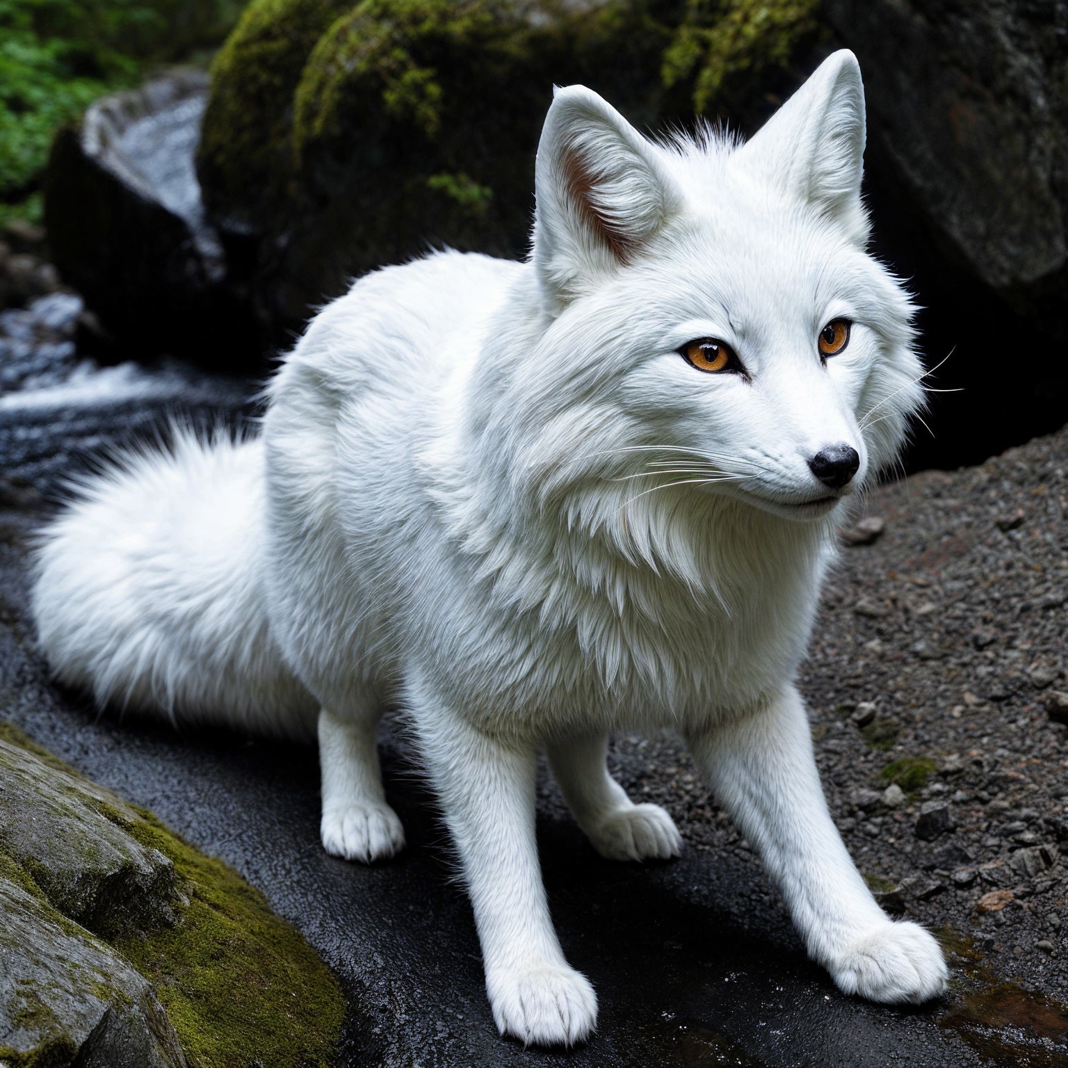 White Fox by Rocky Stream in Serene Forest Setting