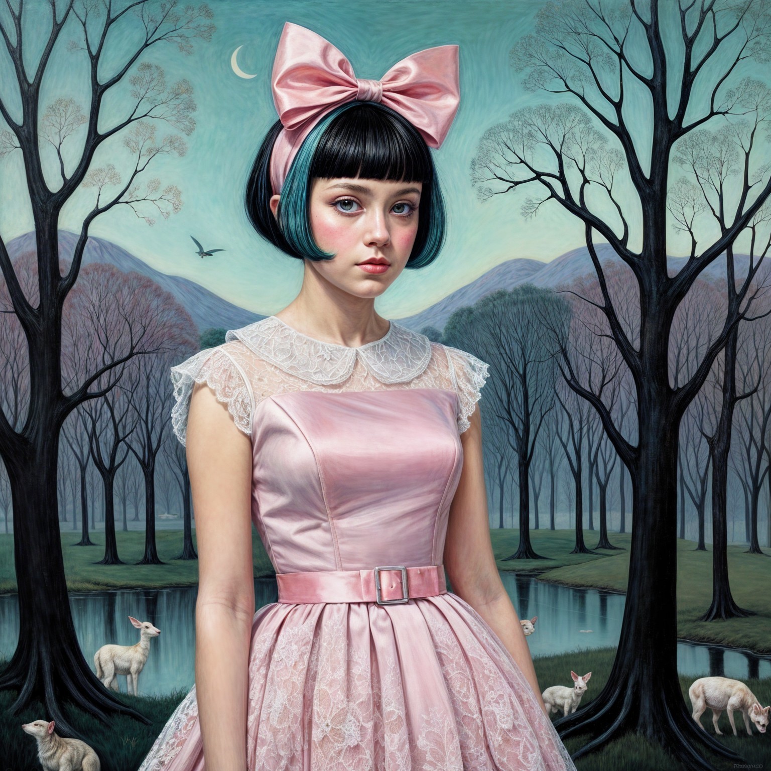 Dreamlike Landscape with Girl in Pink Dress and Rabbits