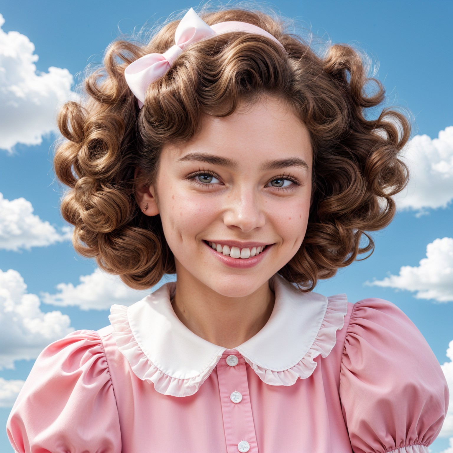 Joyful young girl with curly hair and pink bow