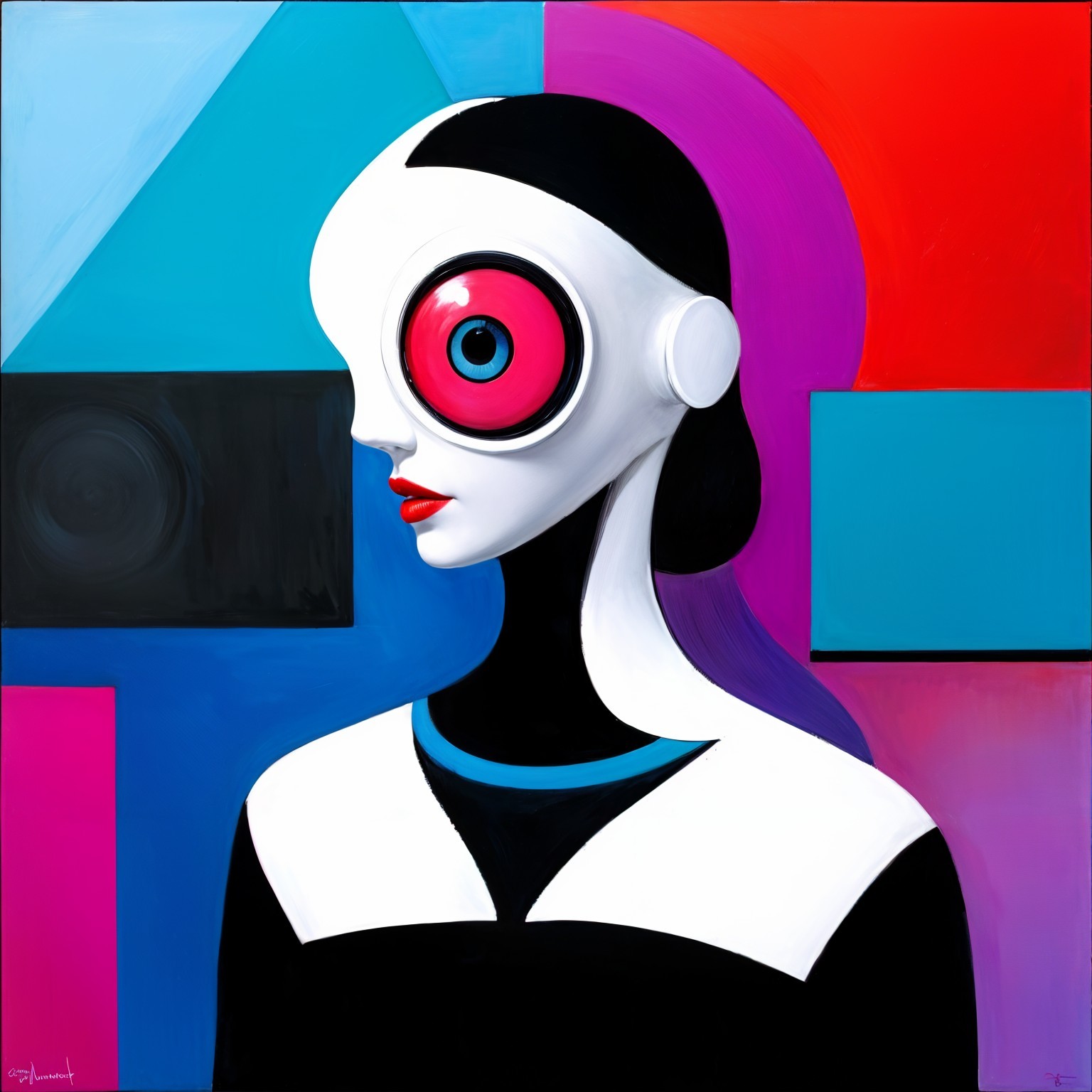 Stylized Portrait with White Face and Red Eye
