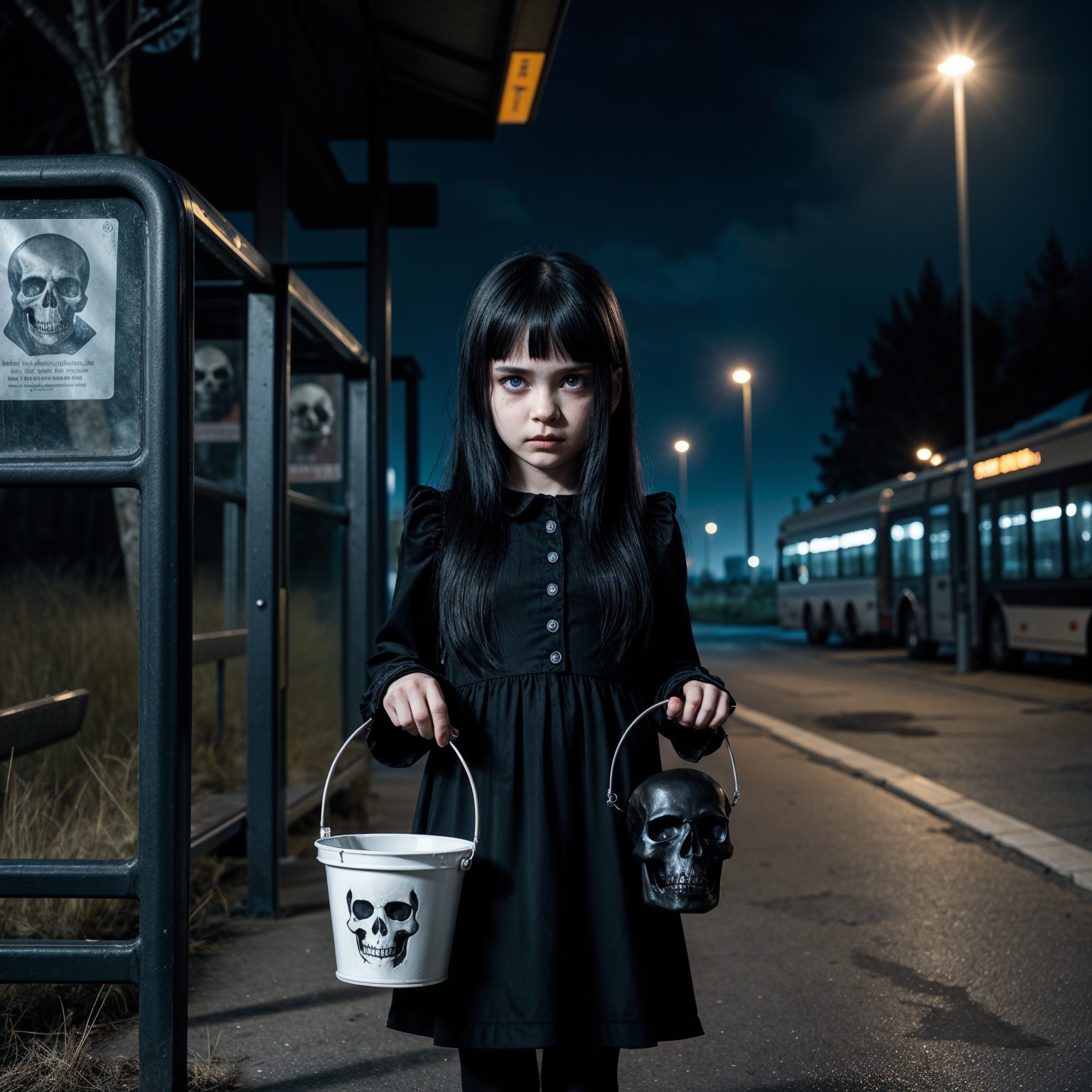 Young girl at night bus stop with skull-themed buckets